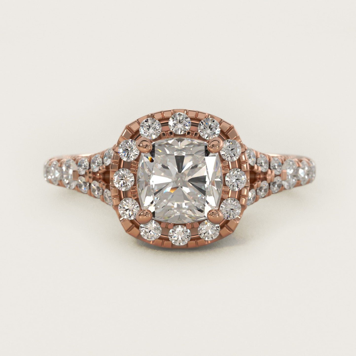 Lace Bridge Split Shank Halo Diamond Engagement Ring in 14k Rose Gold (3/4 ct. tw.) - Cushion Center