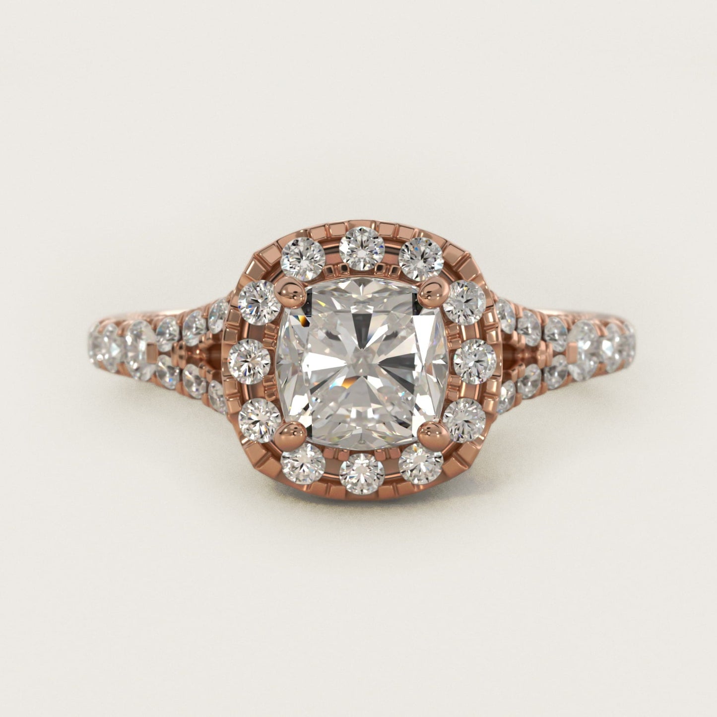 Lace Bridge Split Shank Halo Diamond Engagement Ring in 18k Rose Gold (3/4 ct. tw.) - Cushion Center