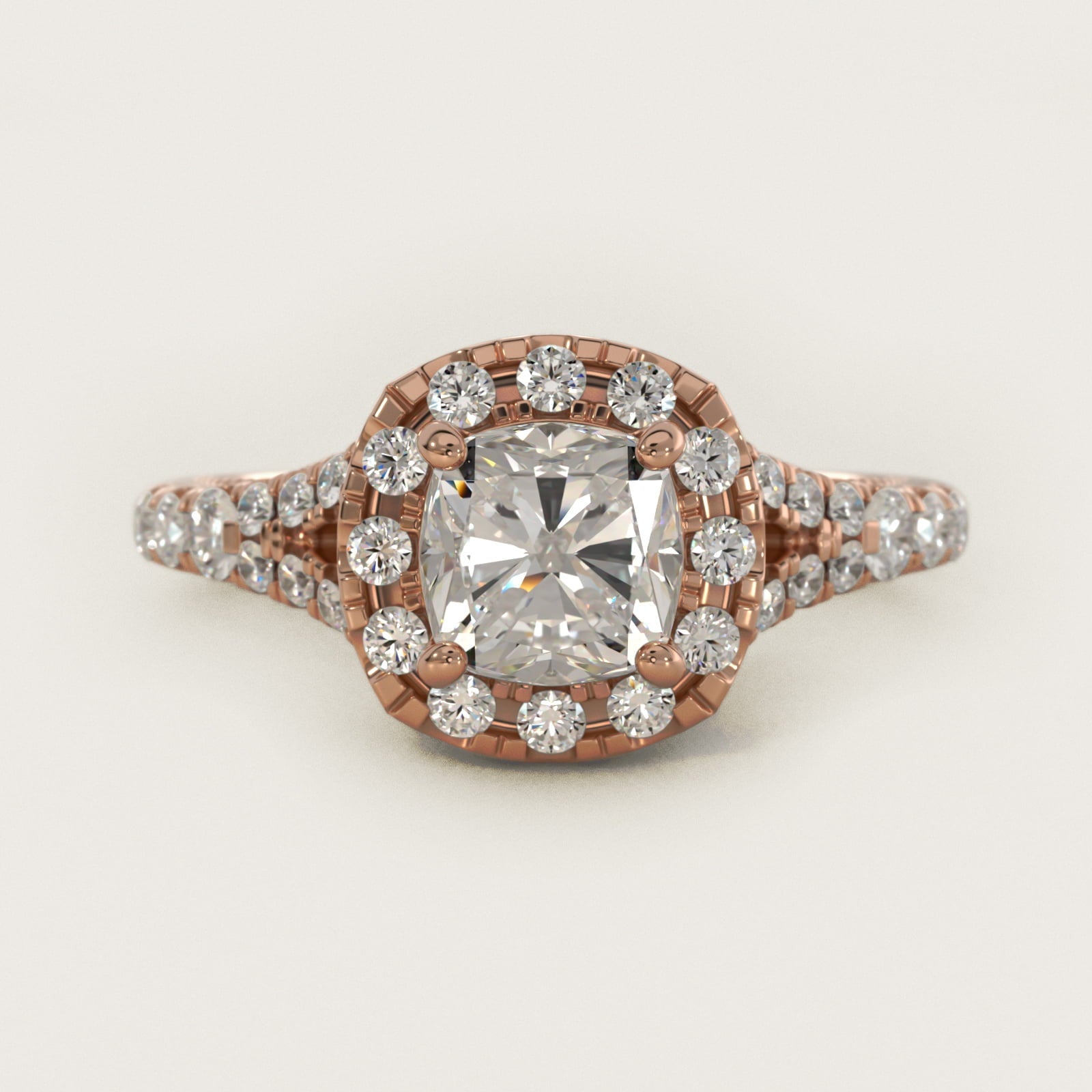 Lace Bridge Split Shank Halo Diamond Engagement Ring in 18k Rose Gold (3/4 ct. tw.) - Cushion Center