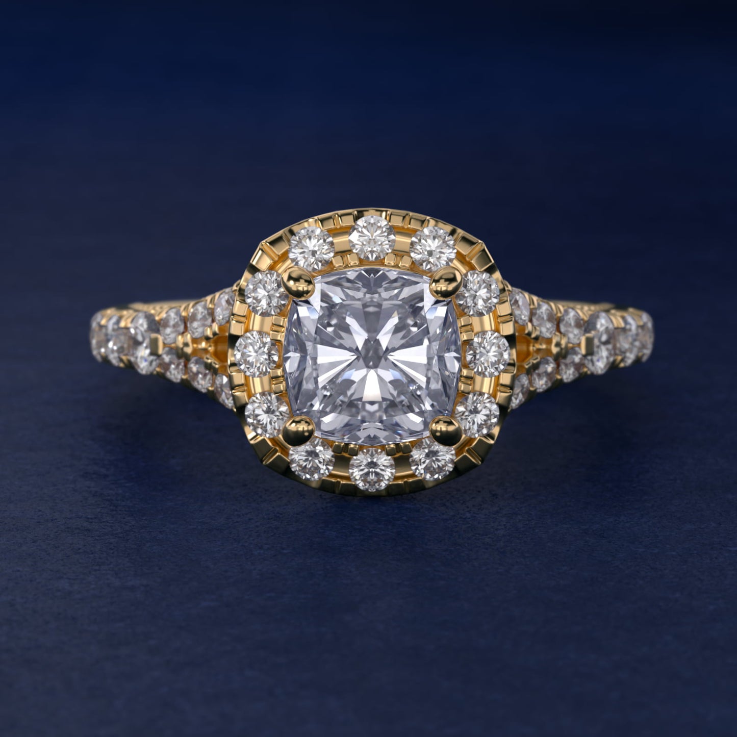 Lace Bridge Split Shank Halo Diamond Engagement Ring in 14k Yellow Gold (3/4 ct. tw.) - Cushion Center