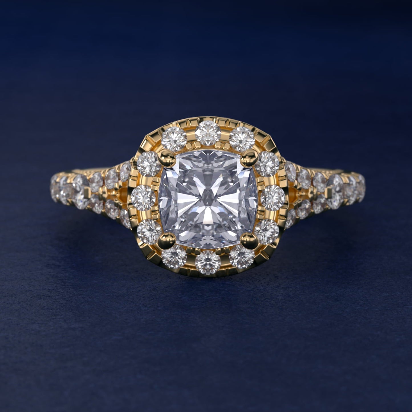 Lace Bridge Split Shank Halo Diamond Engagement Ring in 18k Yellow Gold (3/4 ct. tw.) - Cushion Center