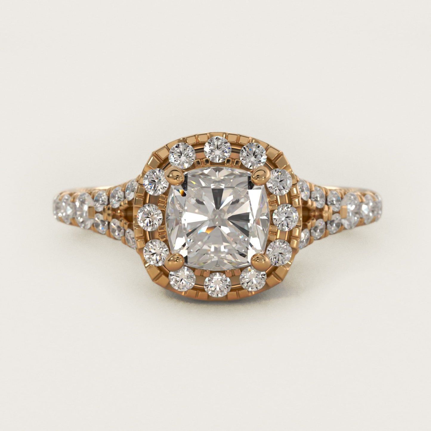 Lace Bridge Split Shank Halo Diamond Engagement Ring in 14k Yellow Gold (3/4 ct. tw.) - Cushion Center