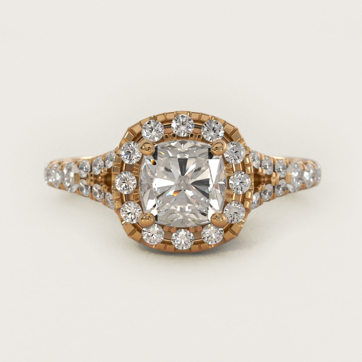 Lace Bridge Split Shank Halo Diamond Engagement Ring in 18k Yellow Gold (3/4 ct. tw.) - Cushion Center