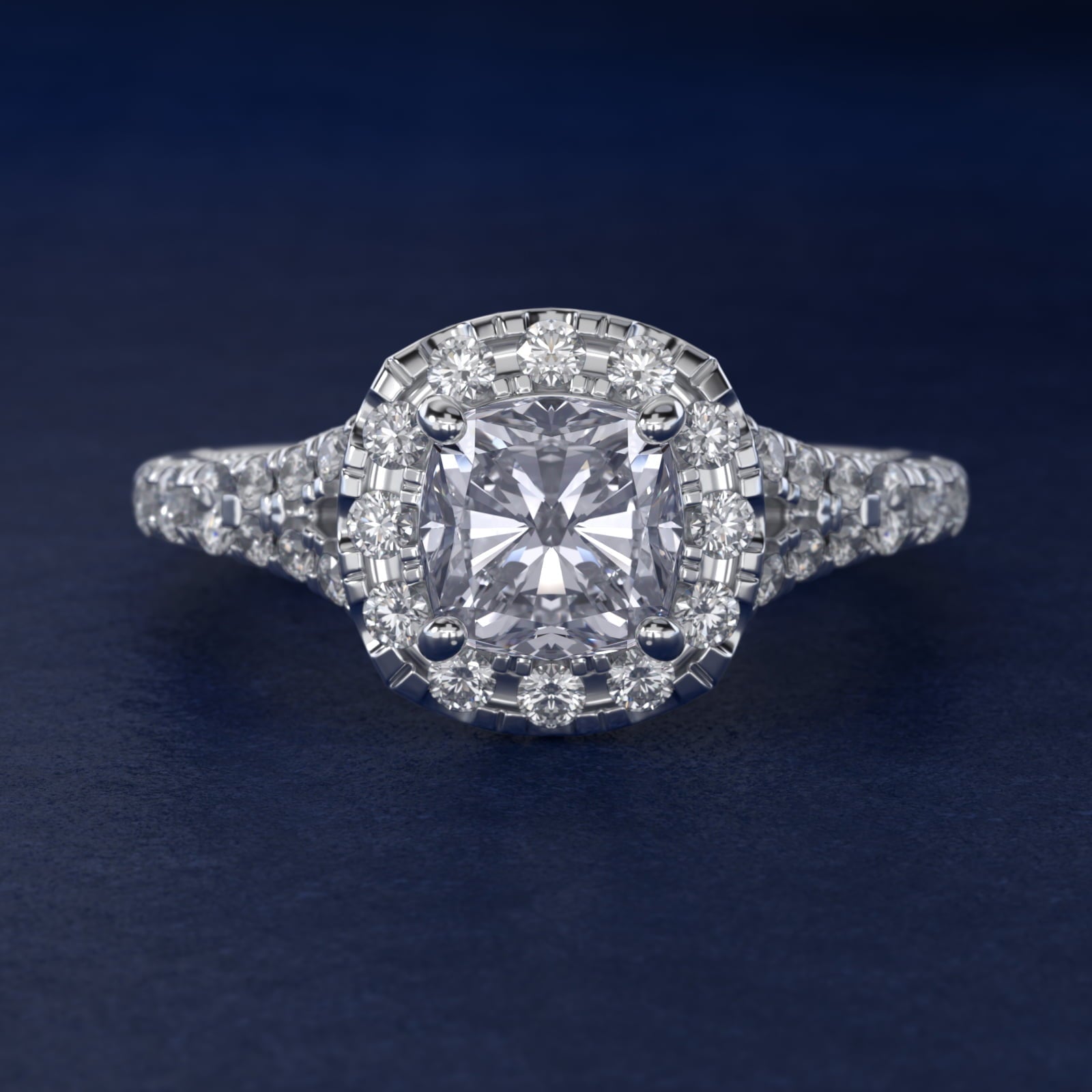 Lace Bridge Split Shank Halo Diamond Engagement Ring in Platinum (3/4 ct. tw.) - Cushion Center