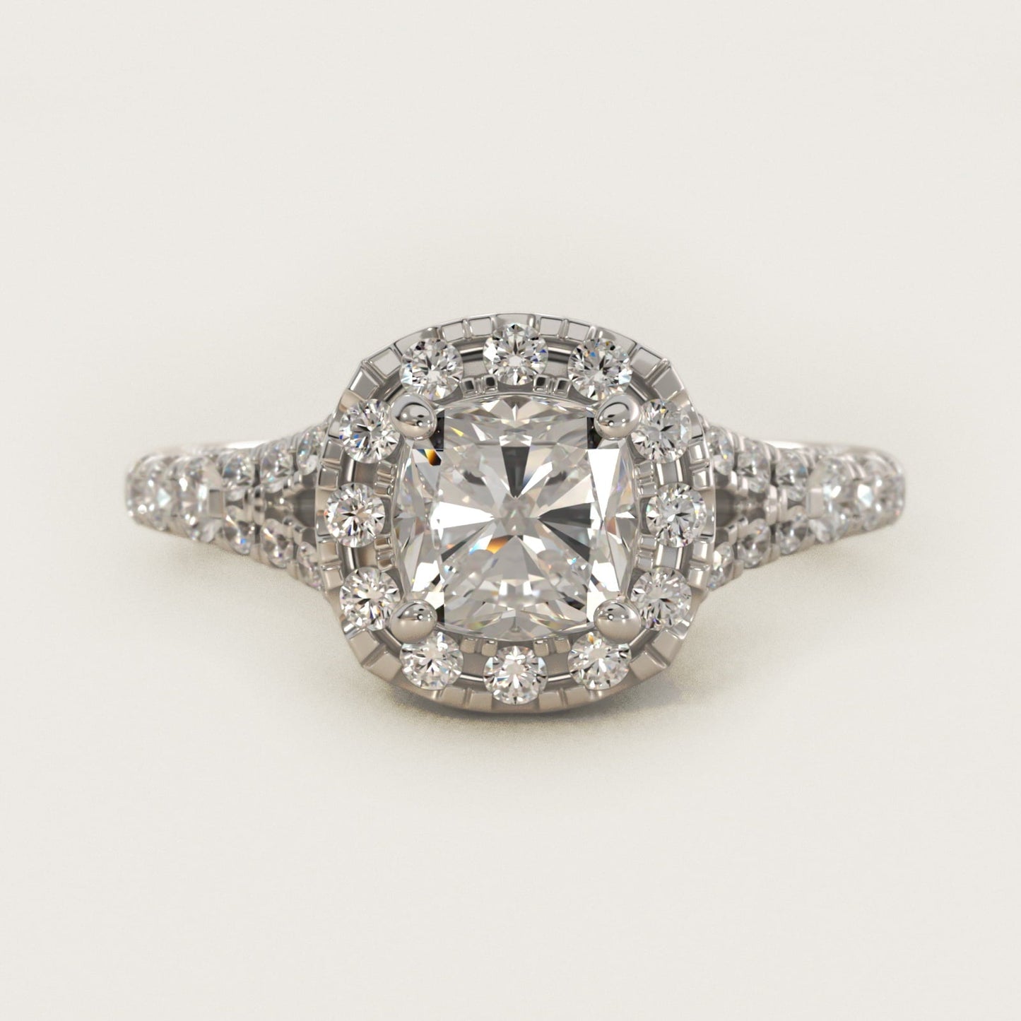 Lace Bridge Split Shank Halo Diamond Engagement Ring in Platinum (3/4 ct. tw.) - Cushion Center