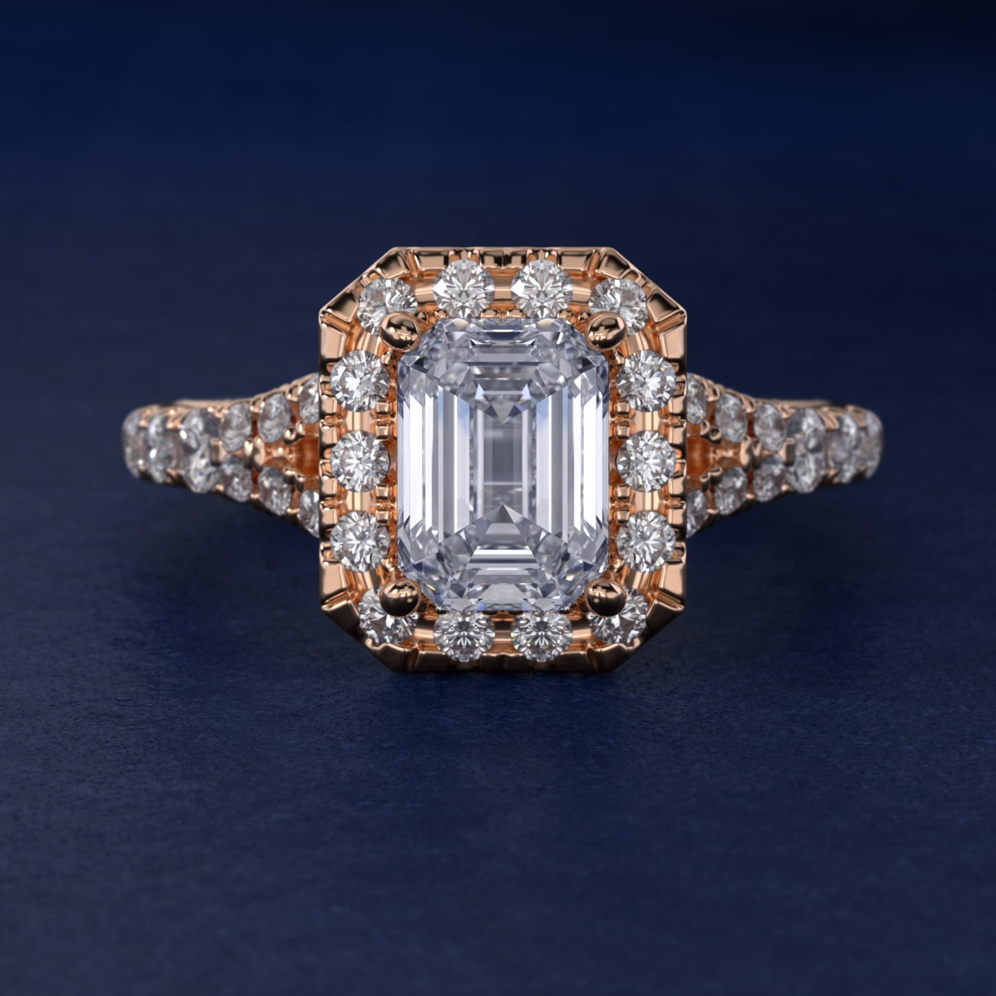 Lace Bridge Split Shank Halo Diamond Engagement Ring in 14k Rose Gold (3/4 ct. tw.) - Emerald Center