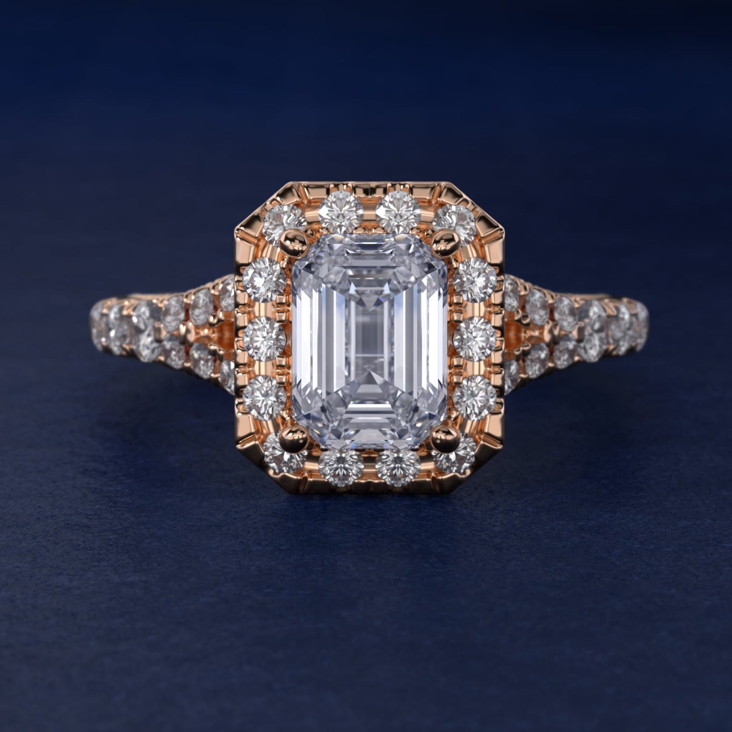 Lace Bridge Split Shank Halo Diamond Engagement Ring in 18k Rose Gold (3/4 ct. tw.) - Emerald Center