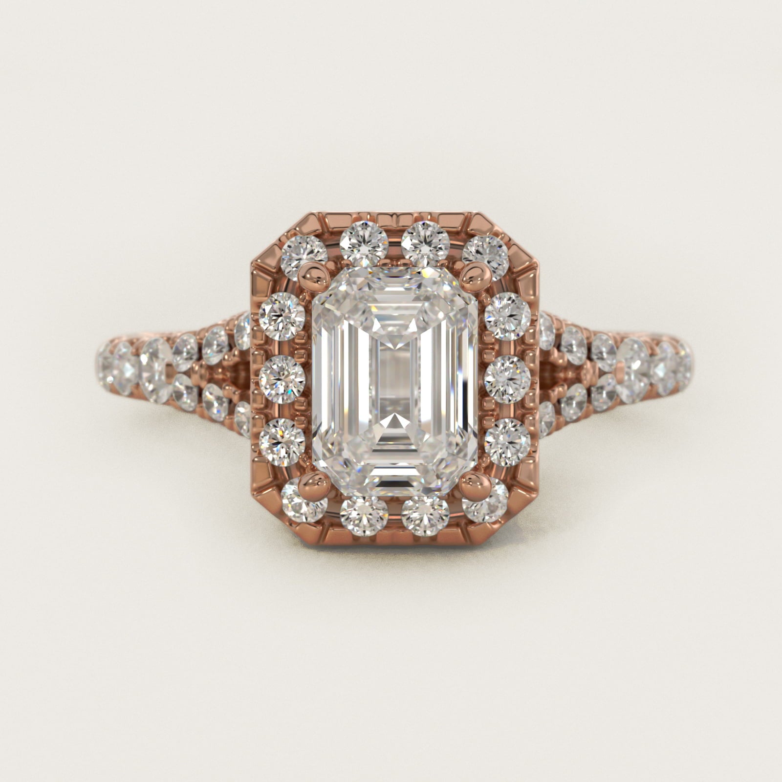 Lace Bridge Split Shank Halo Diamond Engagement Ring in 14k Rose Gold (3/4 ct. tw.) - Emerald Center