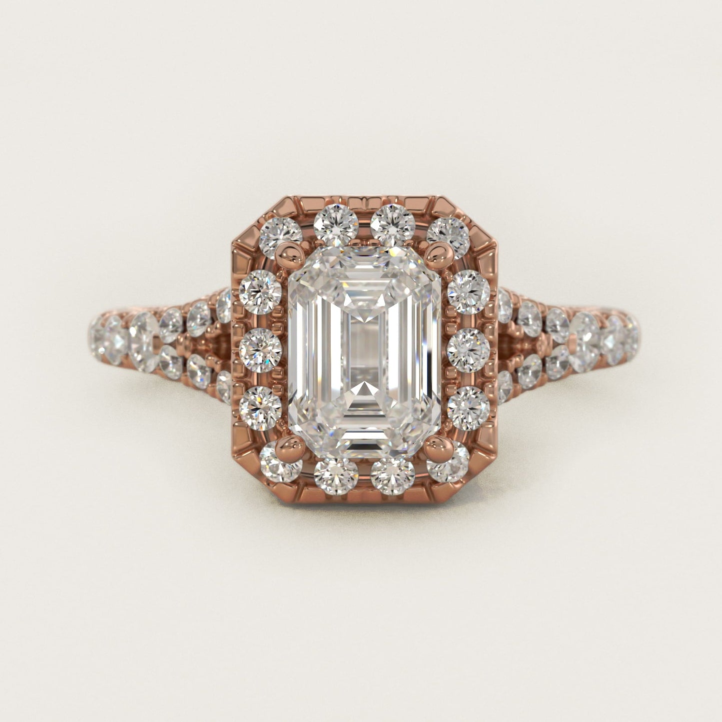 Lace Bridge Split Shank Halo Diamond Engagement Ring in 18k Rose Gold (3/4 ct. tw.) - Emerald Center