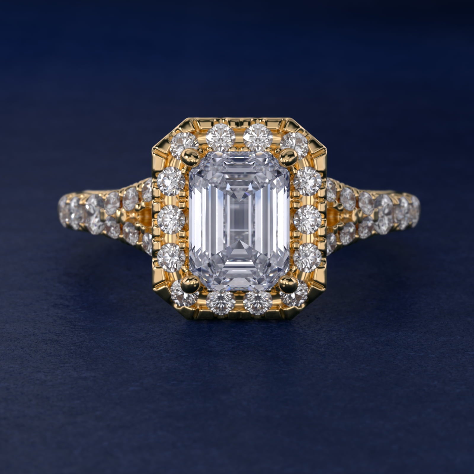 Lace Bridge Split Shank Halo Diamond Engagement Ring in 18k Yellow Gold (3/4 ct. tw.) - Emerald Center
