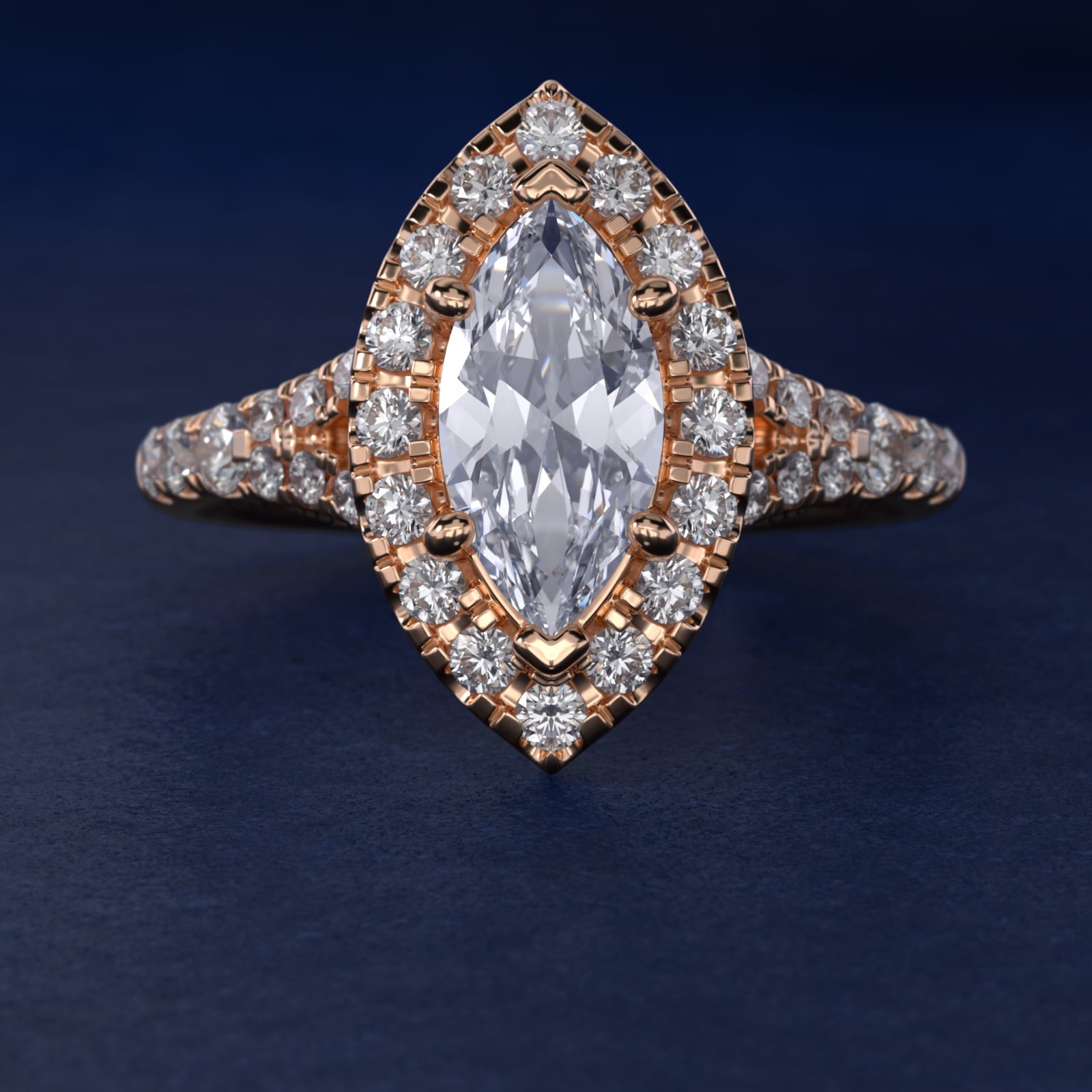 Lace Bridge Split Shank Halo Diamond Engagement Ring in 14k Rose Gold (3/4 ct. tw.) - Marquise Center