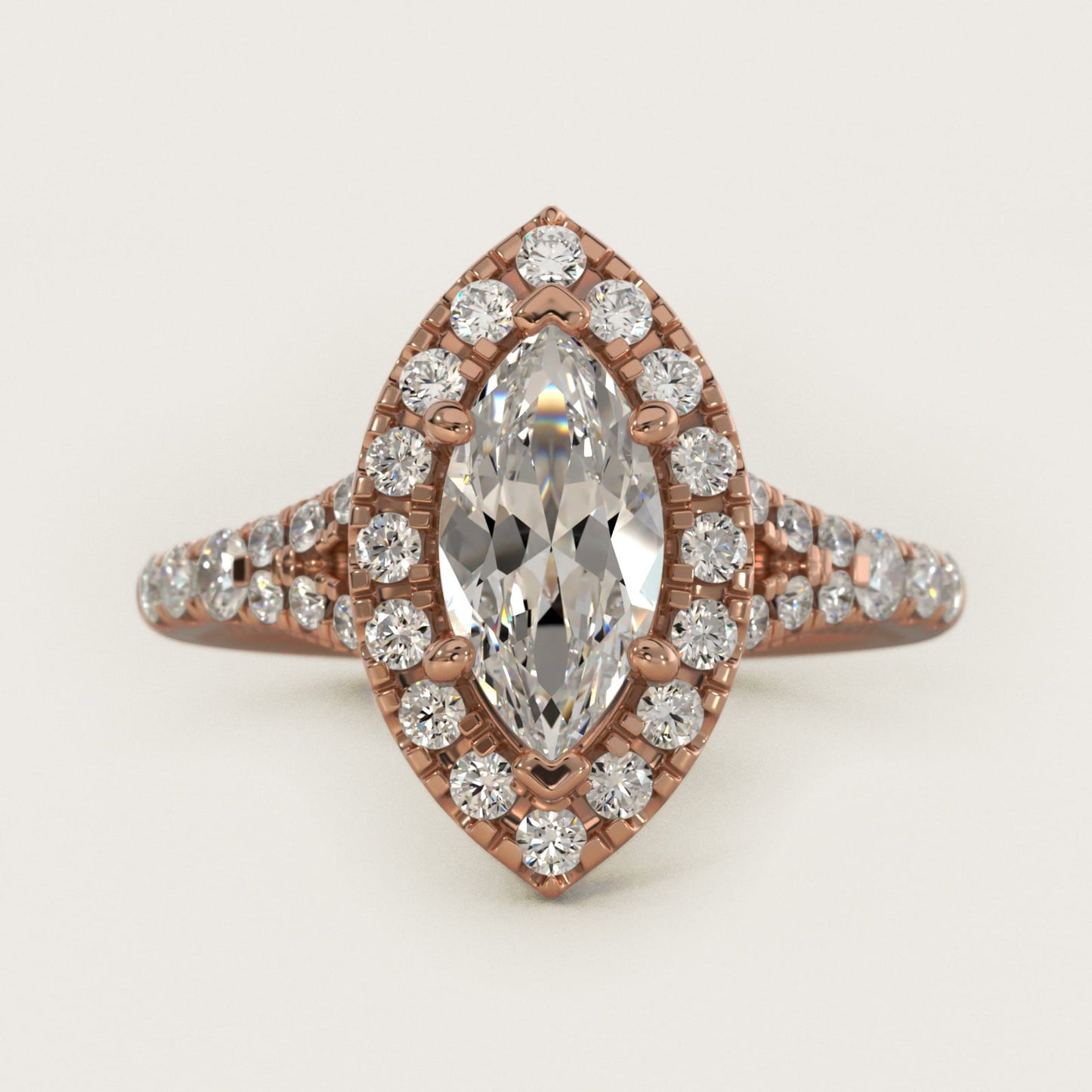Lace Bridge Split Shank Halo Diamond Engagement Ring in 18k Rose Gold (3/4 ct. tw.) - Marquise Center