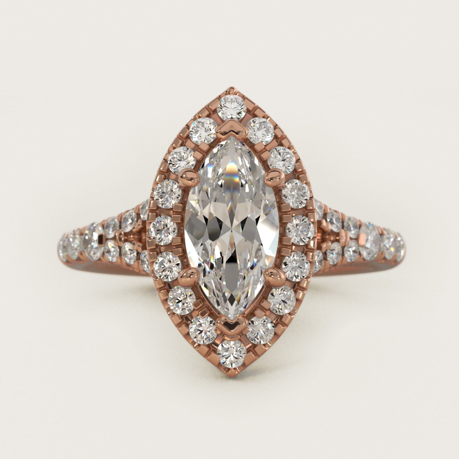 Lace Bridge Split Shank Halo Diamond Engagement Ring in 18k Rose Gold (3/4 ct. tw.) - Marquise Center