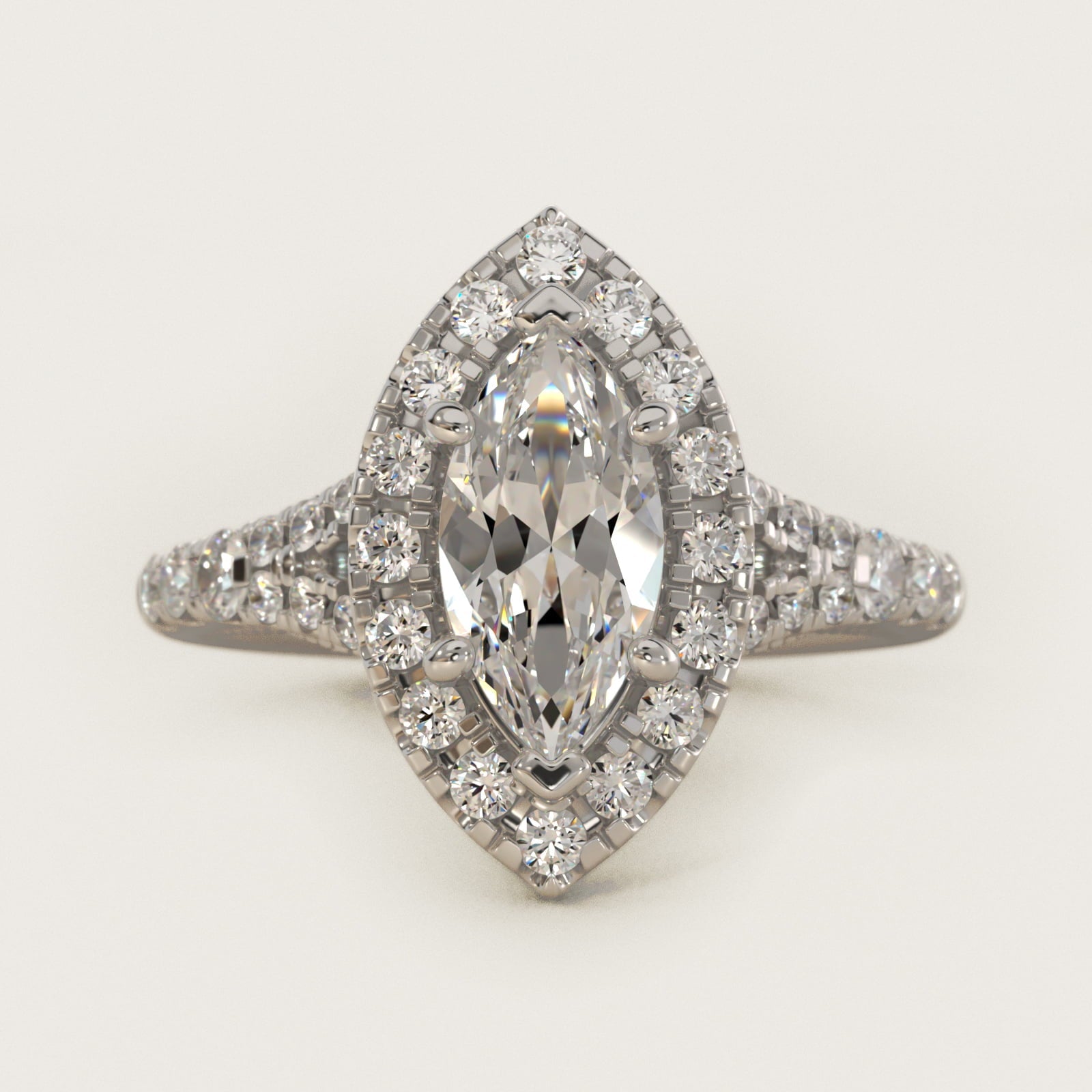 Lace Bridge Split Shank Halo Diamond Engagement Ring in 18k White Gold (3/4 ct. tw.) - Marquise Center
