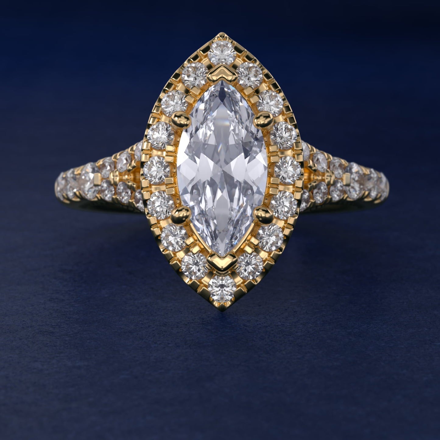 Lace Bridge Split Shank Halo Diamond Engagement Ring in 18k Yellow Gold (3/4 ct. tw.) - Marquise Center