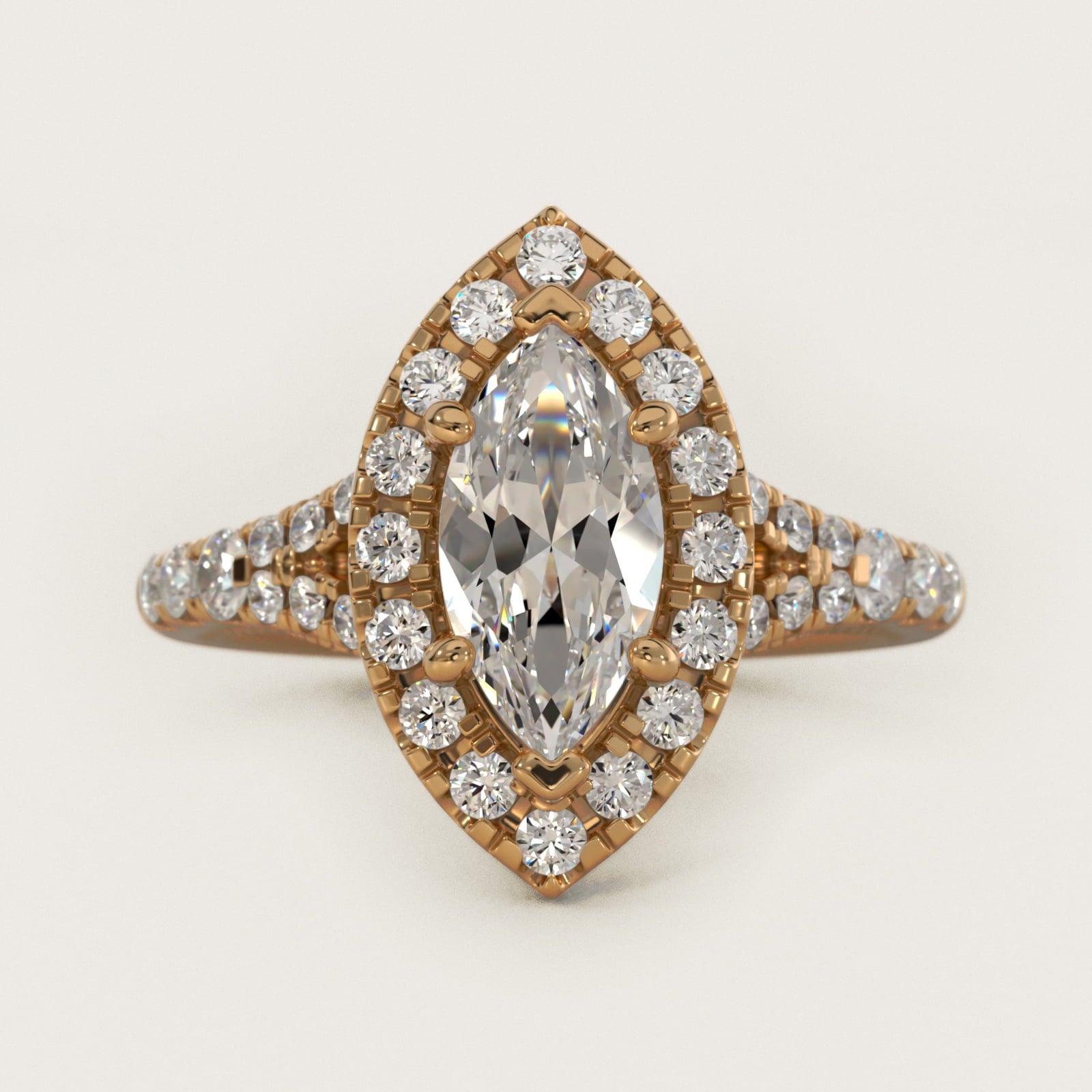 Lace Bridge Split Shank Halo Diamond Engagement Ring in 14k Yellow Gold (3/4 ct. tw.) - Marquise Center