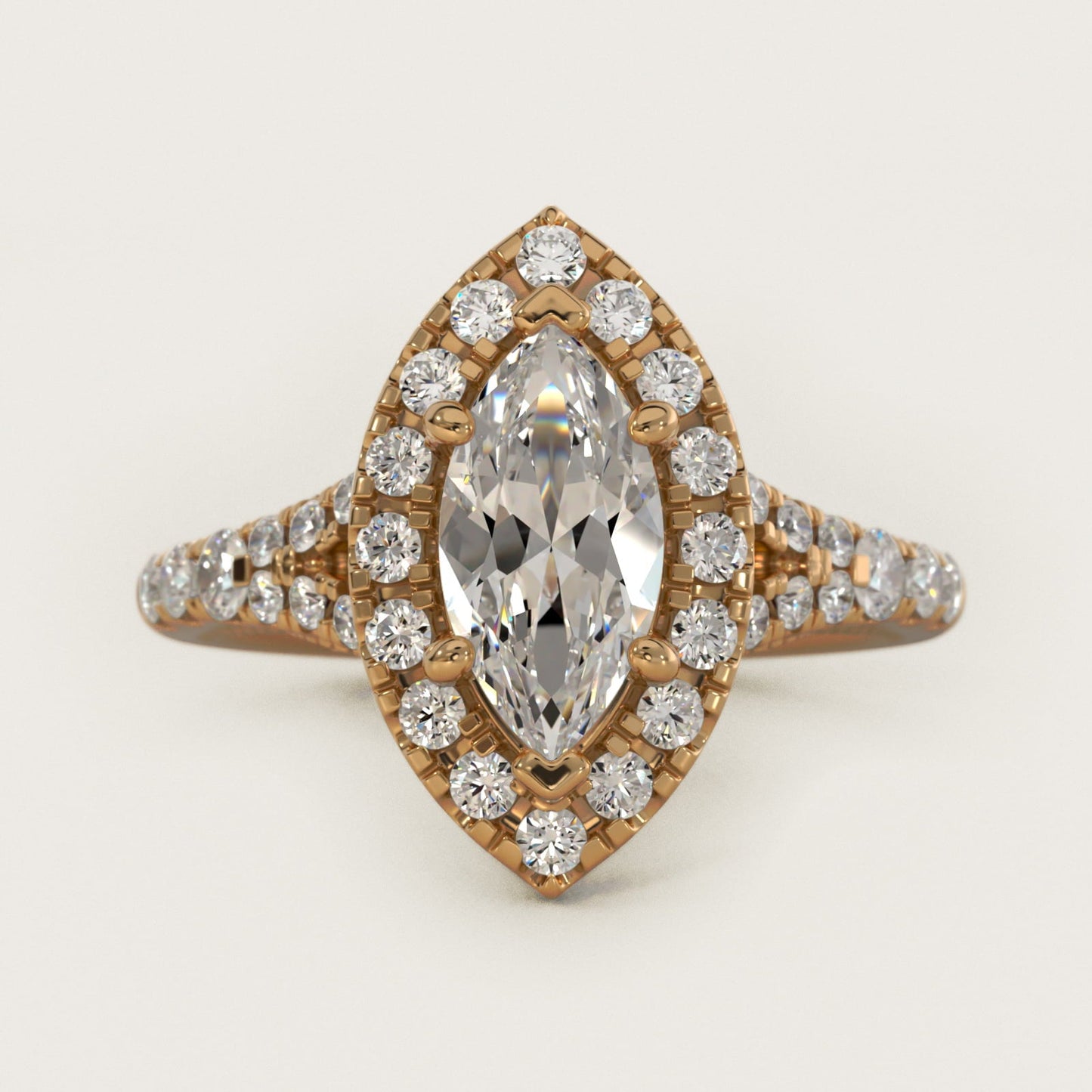 Lace Bridge Split Shank Halo Diamond Engagement Ring in 18k Yellow Gold (3/4 ct. tw.) - Marquise Center