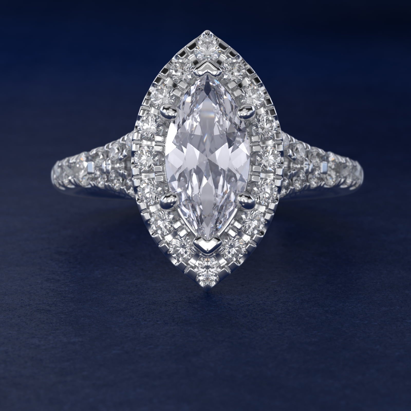 Lace Bridge Split Shank Halo Diamond Engagement Ring in Platinum (3/4 ct. tw.) - Marquise Center
