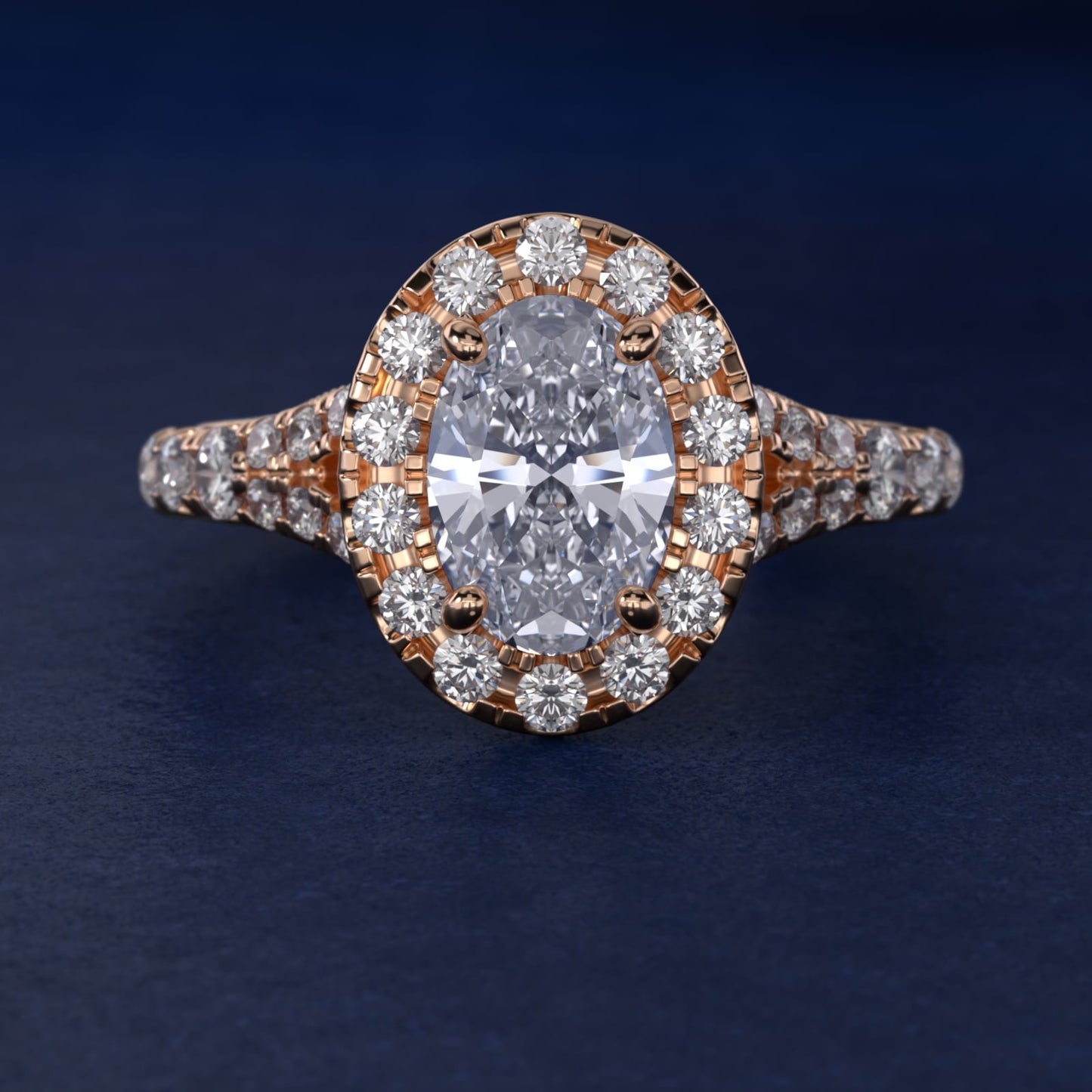 Lace Bridge Split Shank Halo Diamond Engagement Ring in 18k Rose Gold (3/4 ct. tw.) - Oval Center