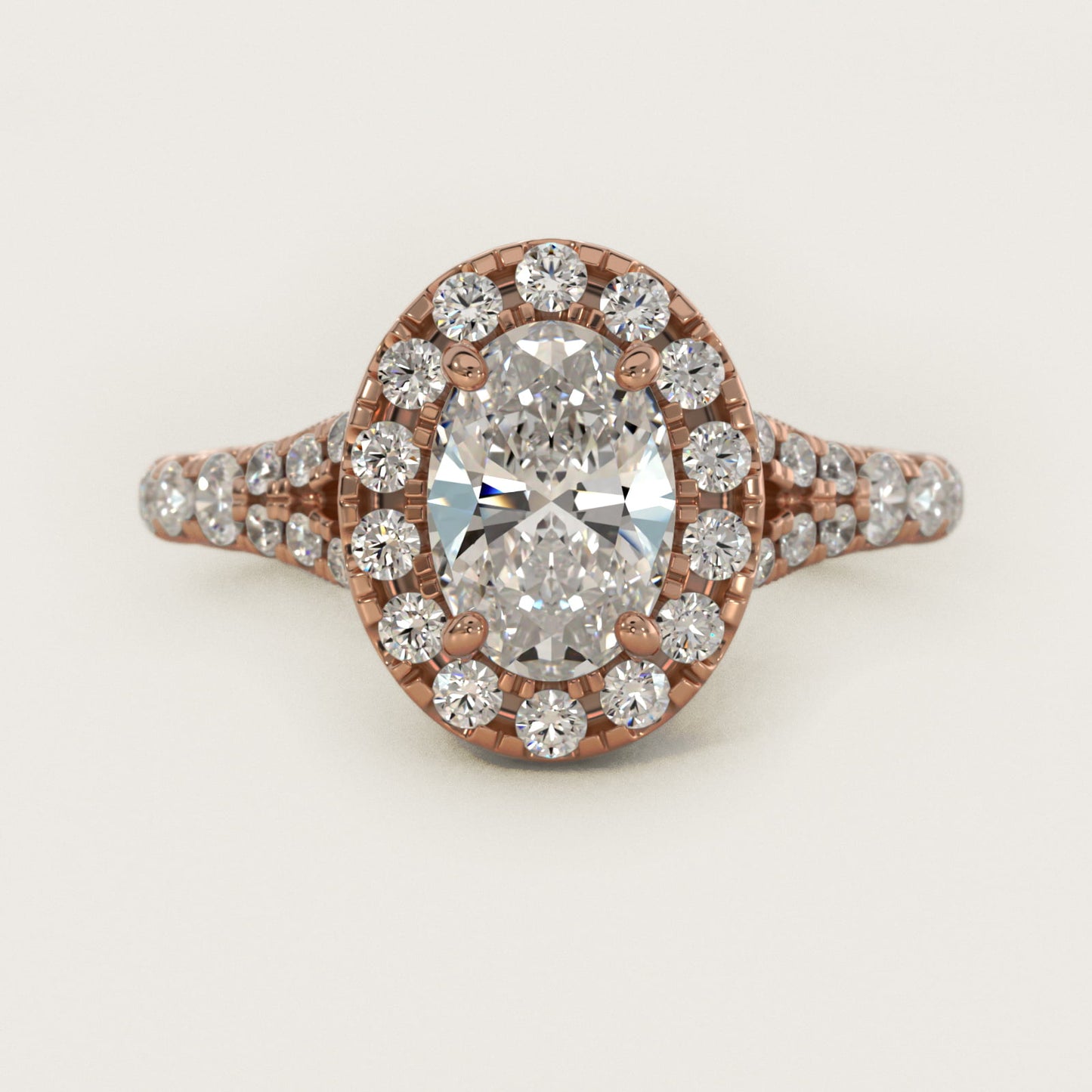 Lace Bridge Split Shank Halo Diamond Engagement Ring in 14k Rose Gold (3/4 ct. tw.) - Oval Center