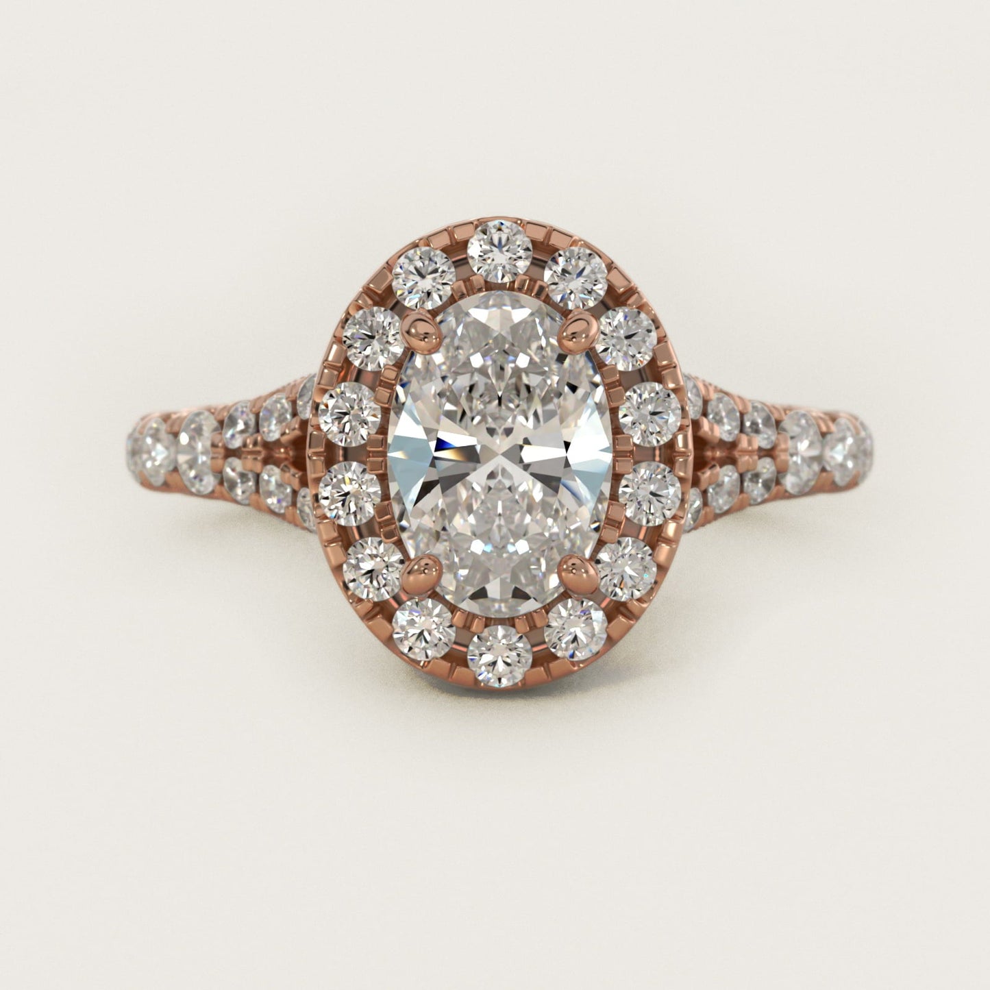 Lace Bridge Split Shank Halo Diamond Engagement Ring in 18k Rose Gold (3/4 ct. tw.) - Oval Center