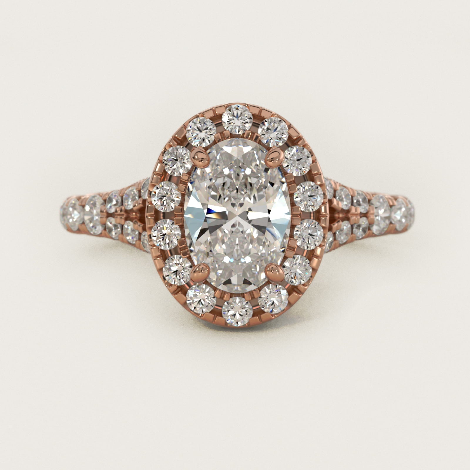 Lace Bridge Split Shank Halo Diamond Engagement Ring in 18k Rose Gold (3/4 ct. tw.) - Oval Center