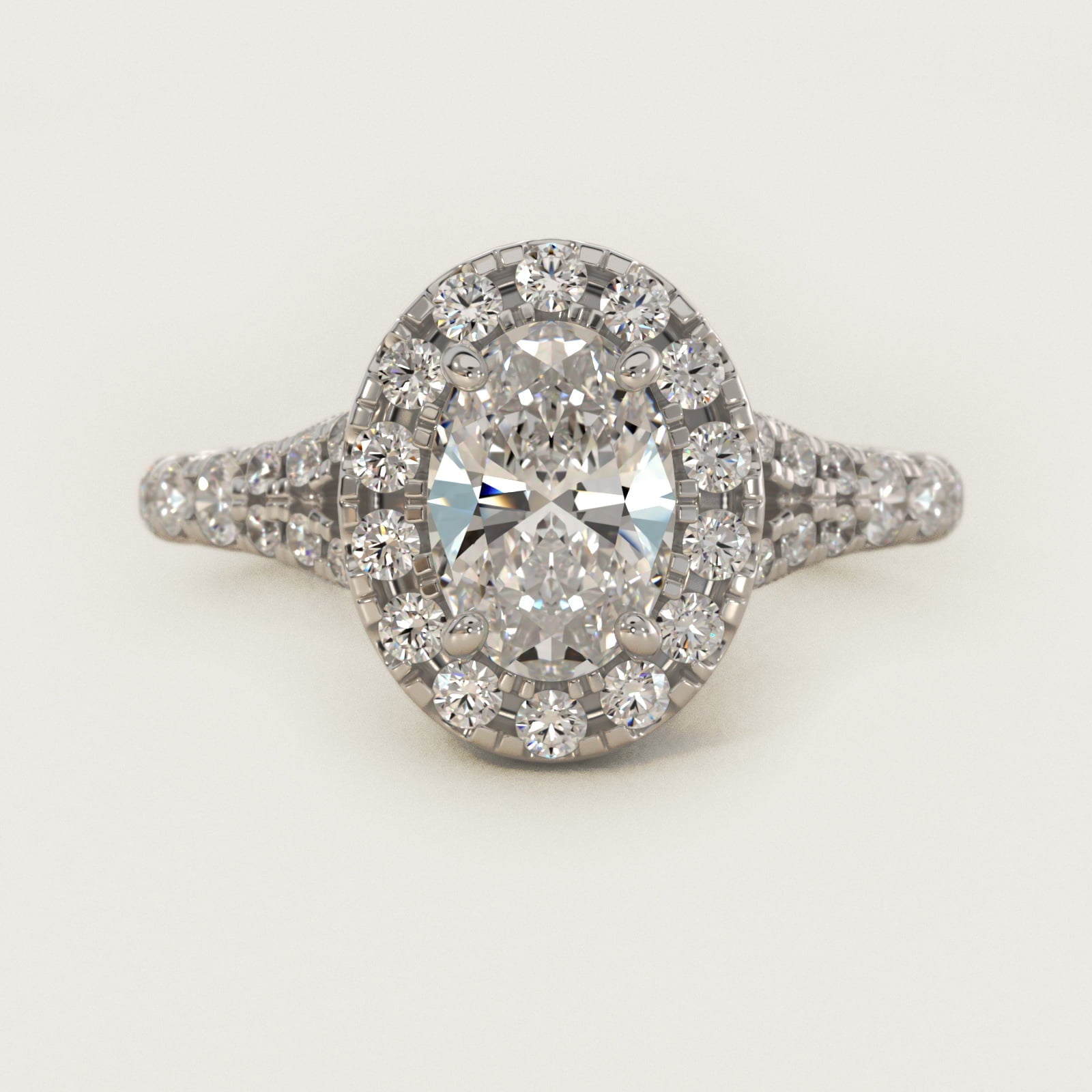 Lace Bridge Split Shank Halo Diamond Engagement Ring in 18k White Gold (3/4 ct. tw.) - Oval Center