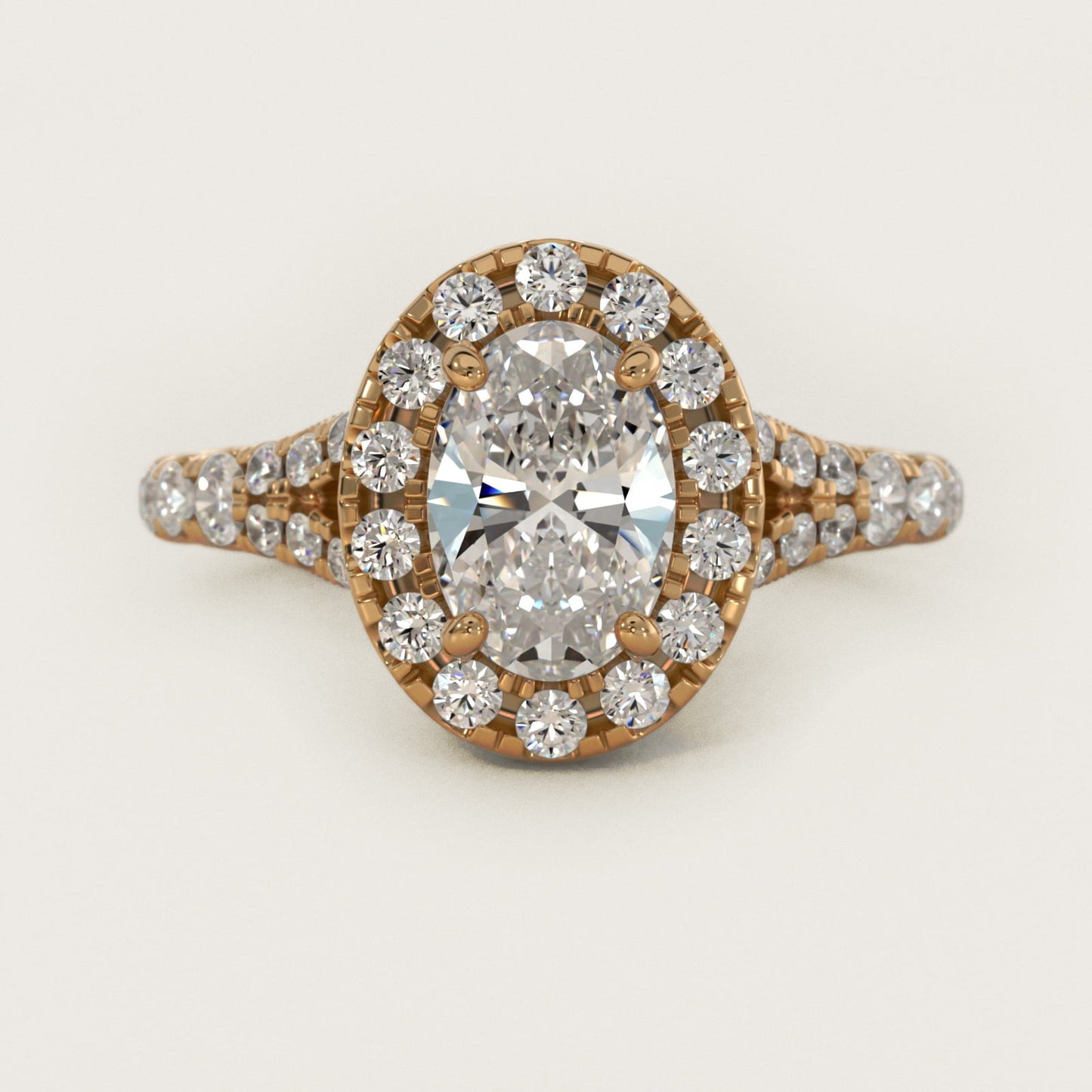 Lace Bridge Split Shank Halo Diamond Engagement Ring in 18k Yellow Gold (3/4 ct. tw.) - Oval Center
