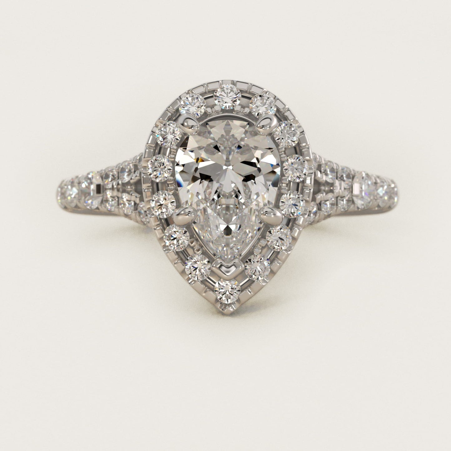 Lace Bridge Split Shank Halo Diamond Engagement Ring in 14k White Gold (3/4 ct. tw.) - Pear Center