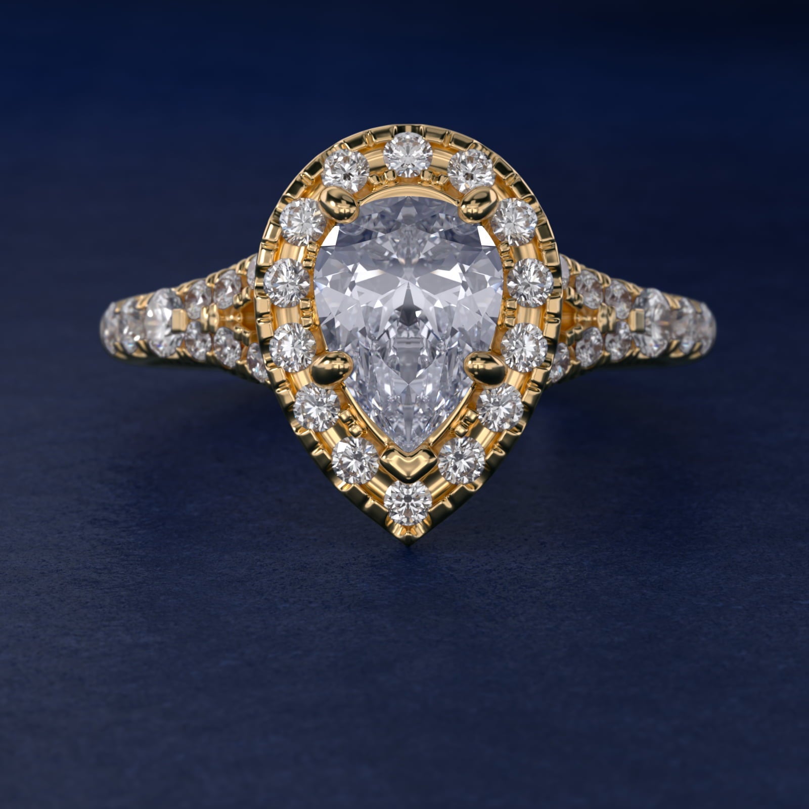 Lace Bridge Split Shank Halo Diamond Engagement Ring in 18k Yellow Gold (3/4 ct. tw.) - Pear Center