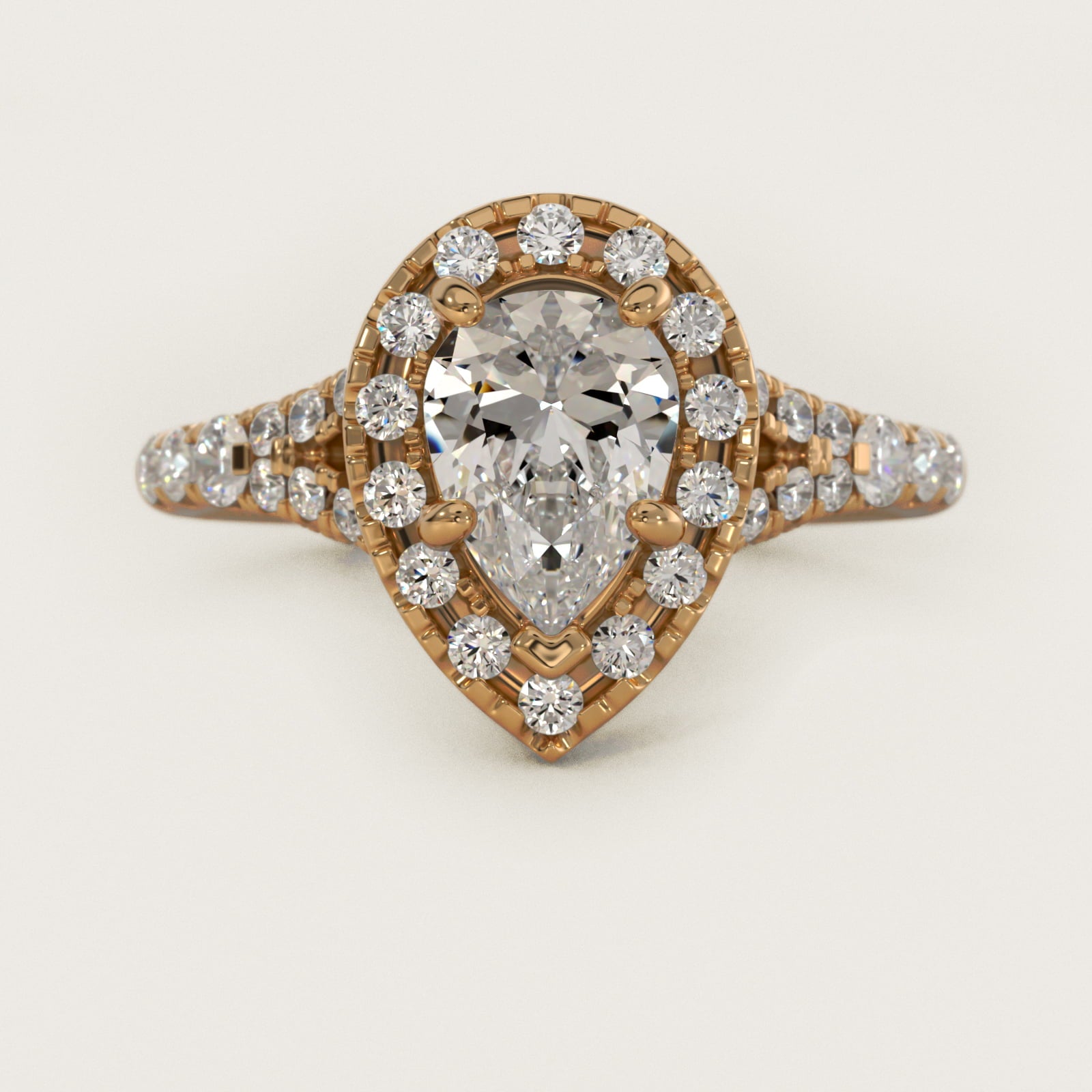 Lace Bridge Split Shank Halo Diamond Engagement Ring in 14k Yellow Gold (3/4 ct. tw.) - Pear Center