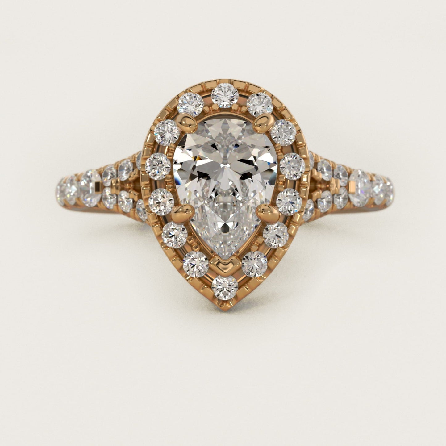 Lace Bridge Split Shank Halo Diamond Engagement Ring in 18k Yellow Gold (3/4 ct. tw.) - Pear Center