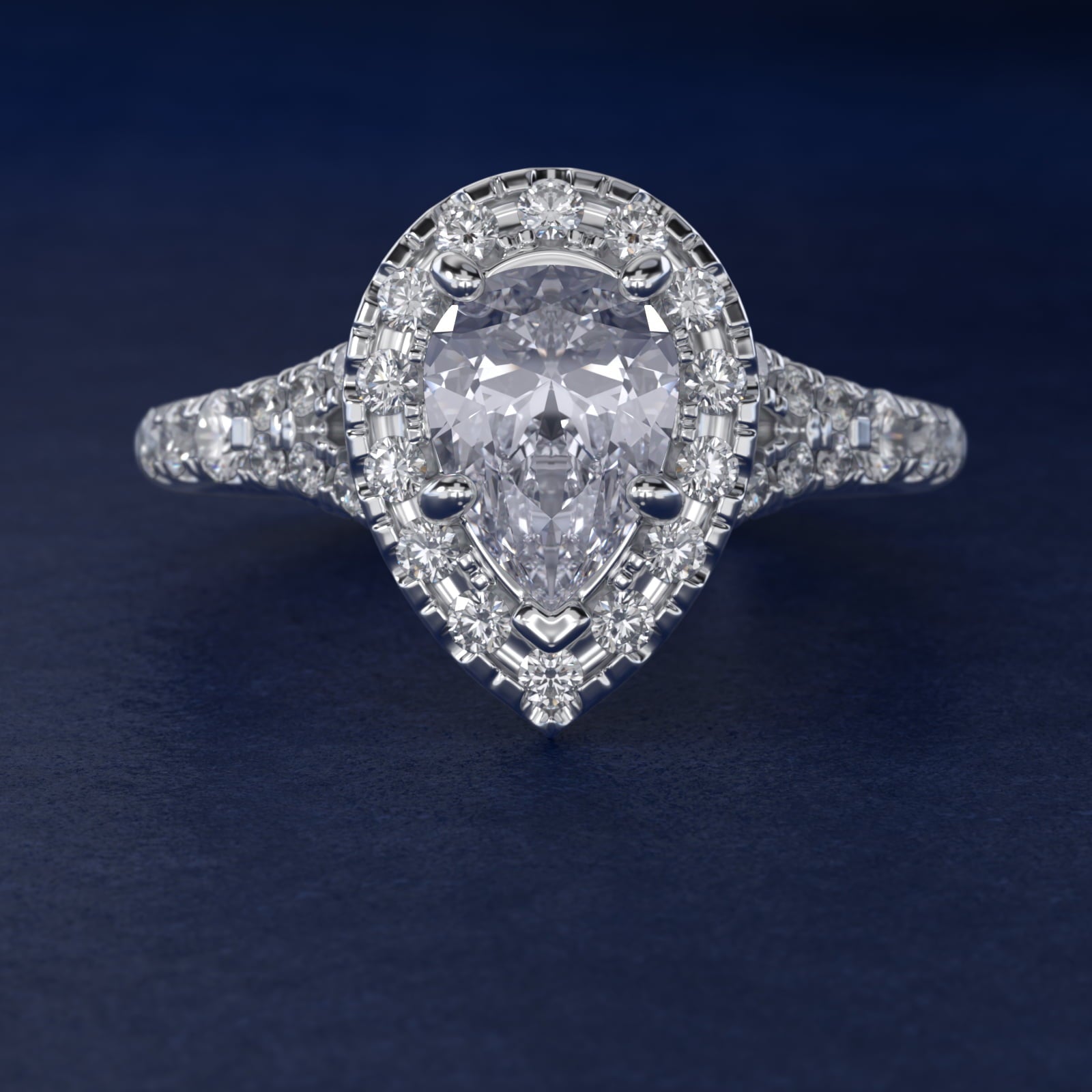 Lace Bridge Split Shank Halo Diamond Engagement Ring in Platinum (3/4 ct. tw.) - Pear Center