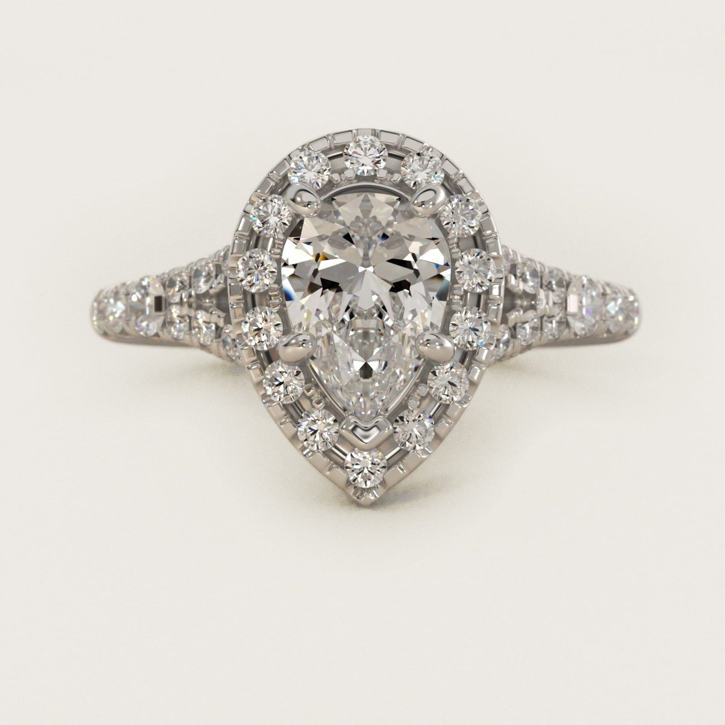 Lace Bridge Split Shank Halo Diamond Engagement Ring in Platinum (3/4 ct. tw.) - Pear Center