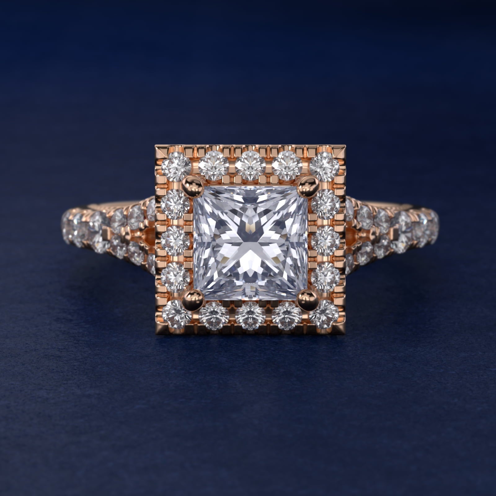 Lace Bridge Split Shank Halo Diamond Engagement Ring in 18k Rose Gold (3/4 ct. tw.) - Princess Center