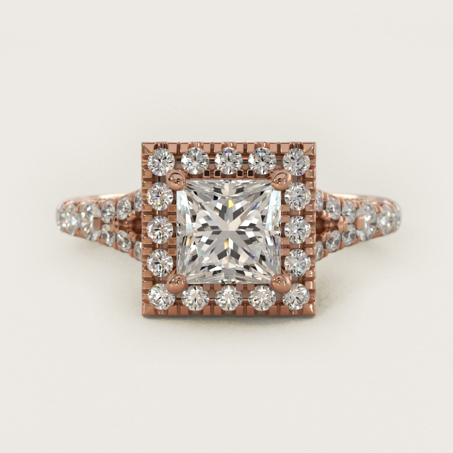 Lace Bridge Split Shank Halo Diamond Engagement Ring in 18k Rose Gold (3/4 ct. tw.) - Princess Center