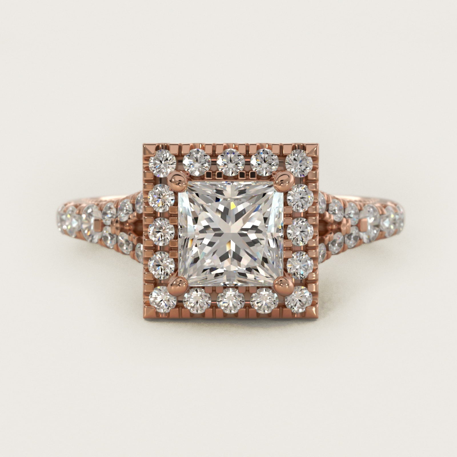Lace Bridge Split Shank Halo Diamond Engagement Ring in 18k Rose Gold (3/4 ct. tw.) - Princess Center
