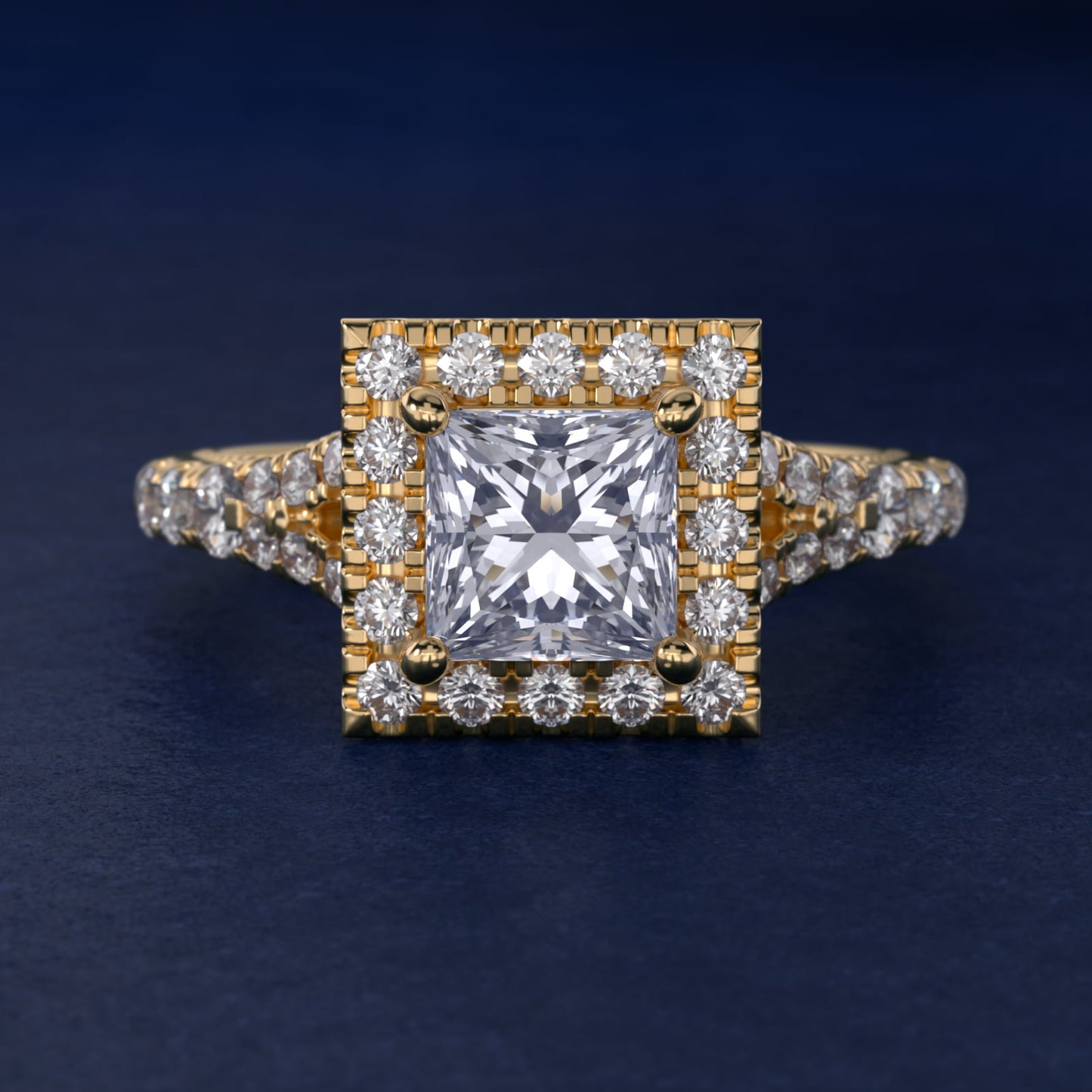 Lace Bridge Split Shank Halo Diamond Engagement Ring in 14k Yellow Gold (3/4 ct. tw.) - Princess Center