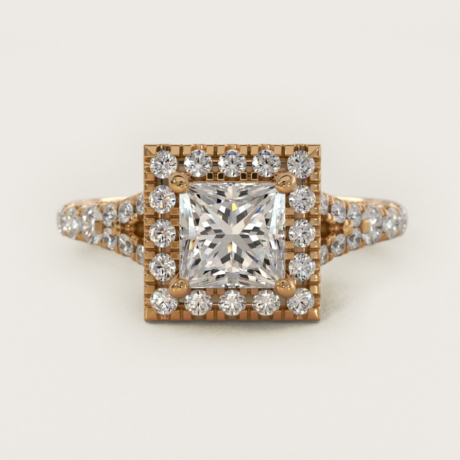 Lace Bridge Split Shank Halo Diamond Engagement Ring in 14k Yellow Gold (3/4 ct. tw.) - Princess Center