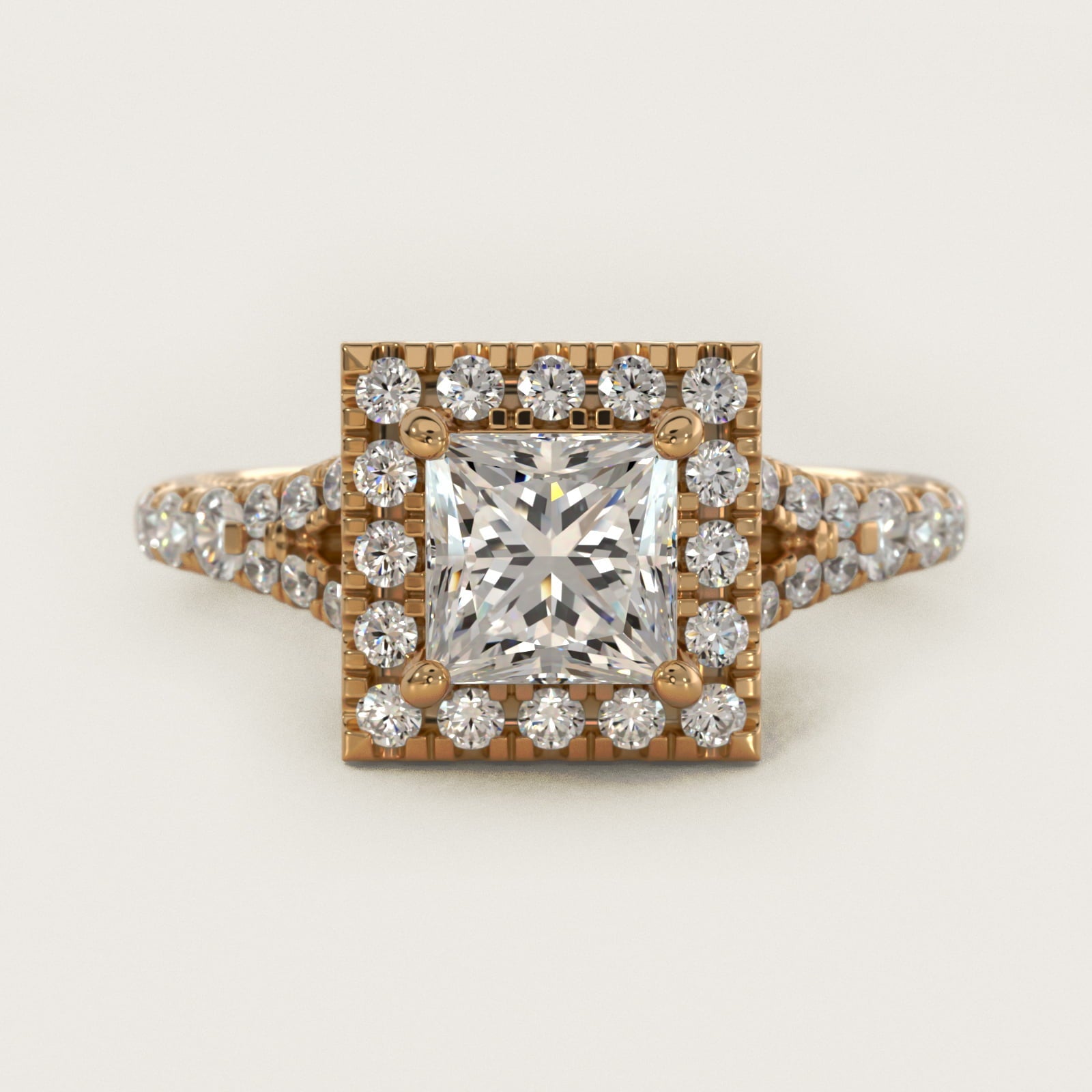 Lace Bridge Split Shank Halo Diamond Engagement Ring in 18k Yellow Gold (3/4 ct. tw.) - Princess Center
