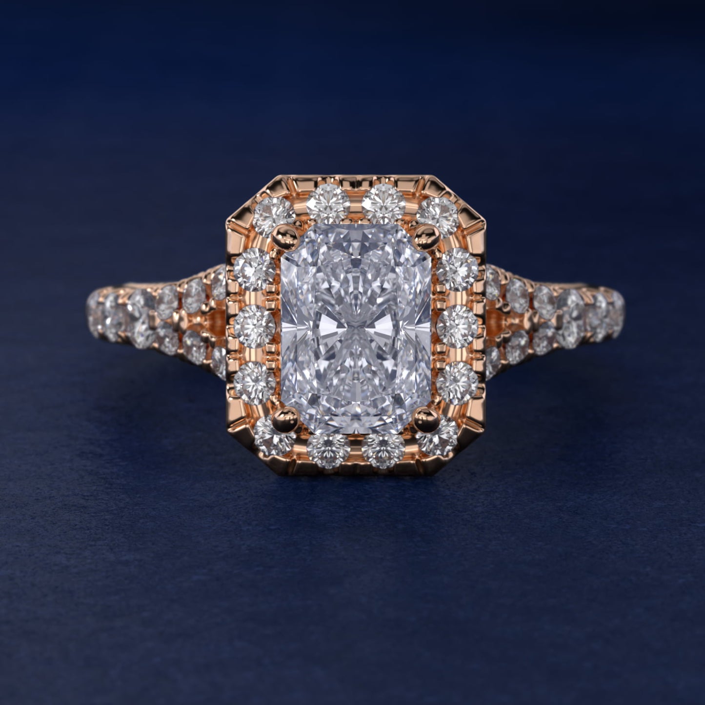 Lace Bridge Split Shank Halo Diamond Engagement Ring in 14k Rose Gold (3/4 ct. tw.) - Radiant Center