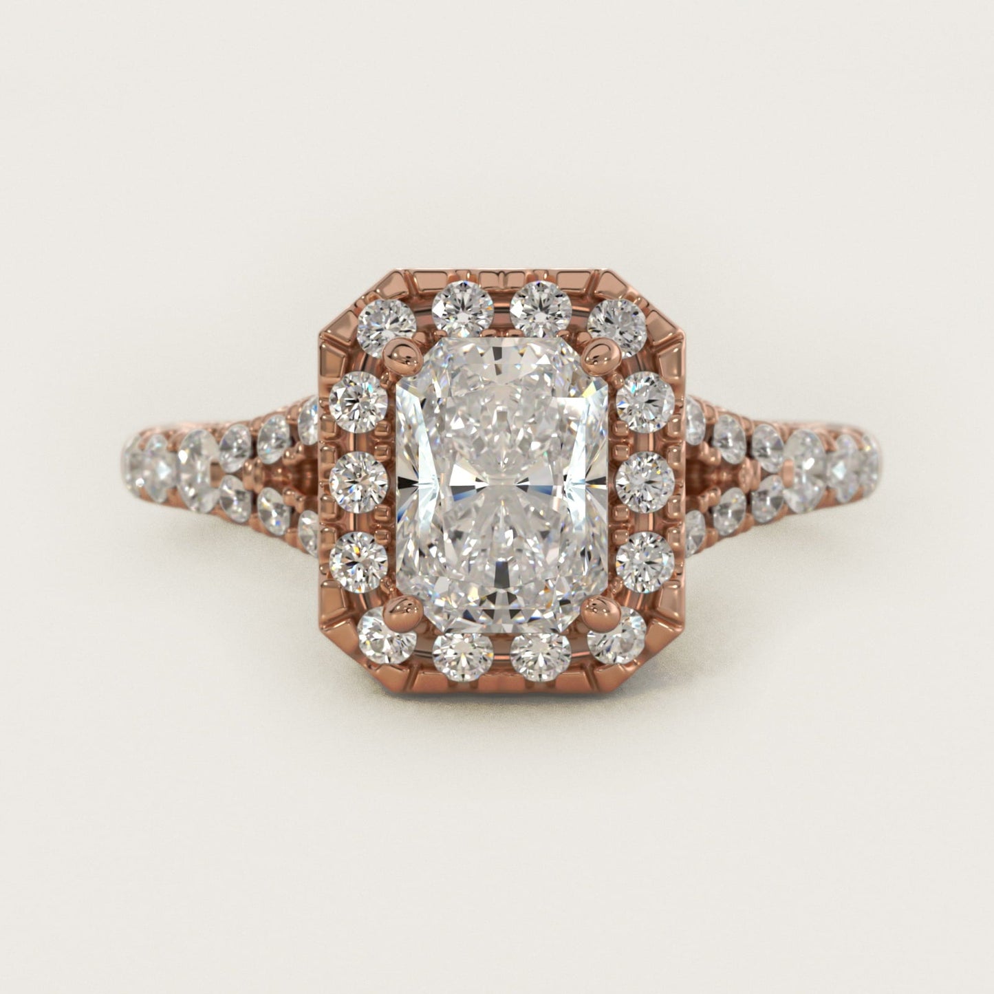 Lace Bridge Split Shank Halo Diamond Engagement Ring in 18k Rose Gold (3/4 ct. tw.) - Radiant Center