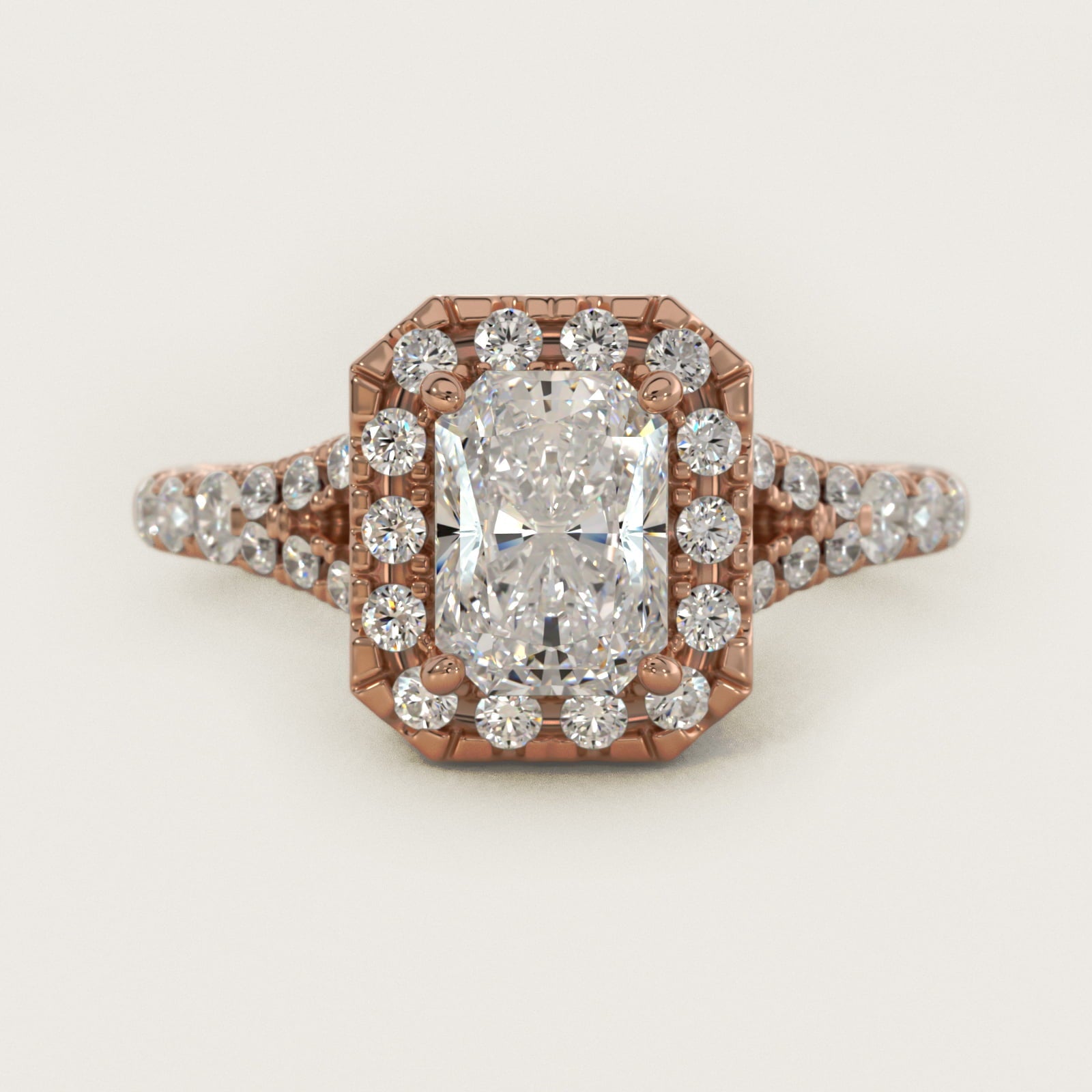 Lace Bridge Split Shank Halo Diamond Engagement Ring in 18k Rose Gold (3/4 ct. tw.) - Radiant Center