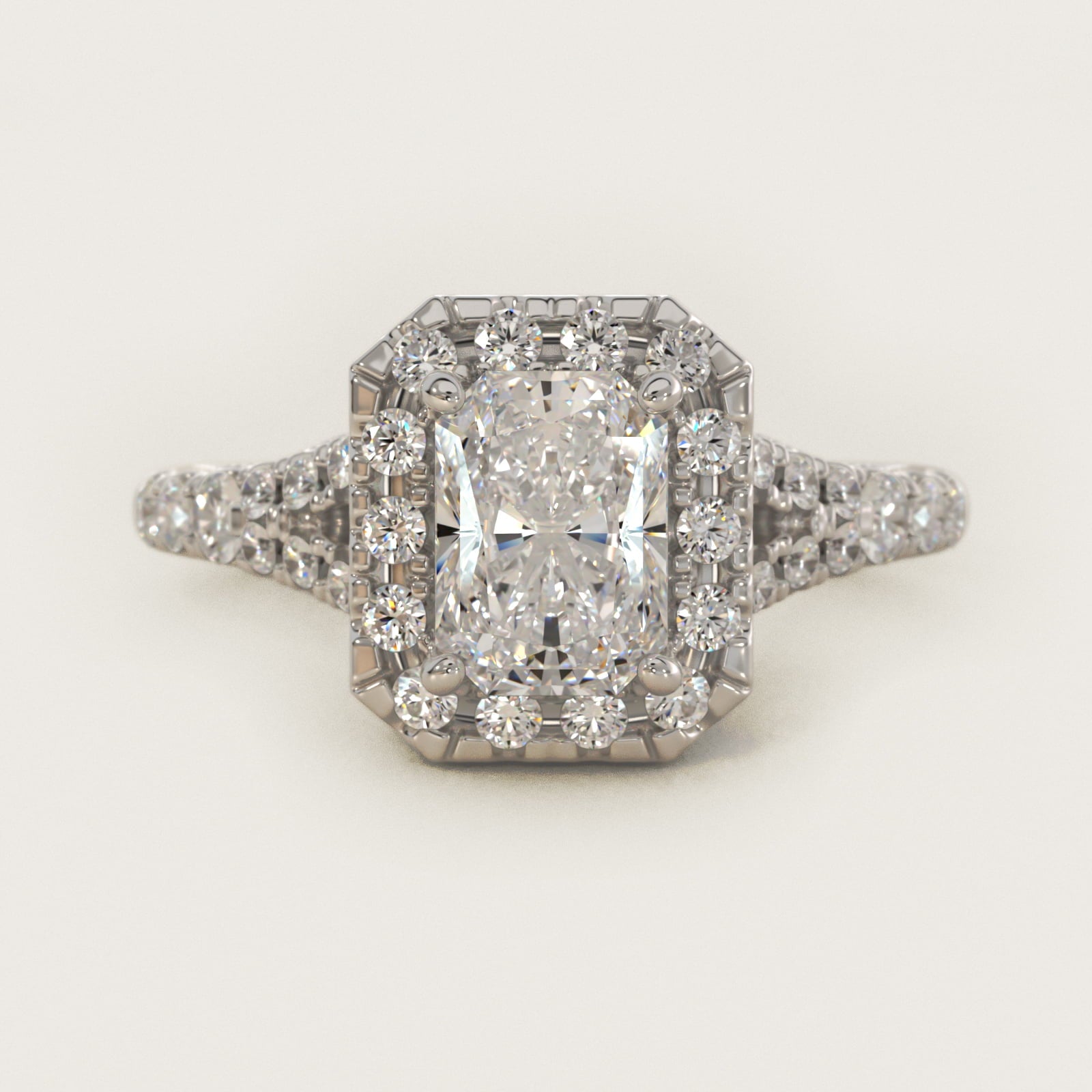 Lace Bridge Split Shank Halo Diamond Engagement Ring in 14k White Gold (3/4 ct. tw.) - Radiant Center