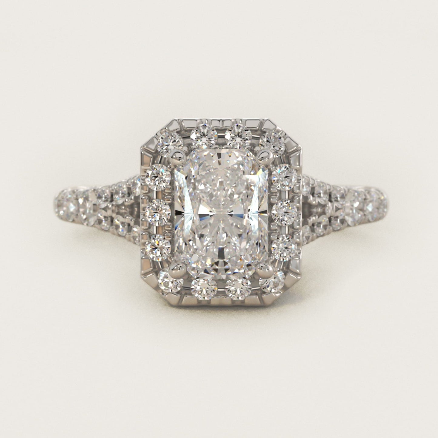 Lace Bridge Split Shank Halo Diamond Engagement Ring in 18k White Gold (3/4 ct. tw.) - Radiant Center
