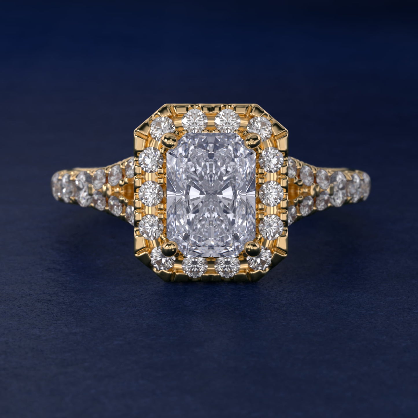 Lace Bridge Split Shank Halo Diamond Engagement Ring in 14k Yellow Gold (3/4 ct. tw.) - Radiant Center