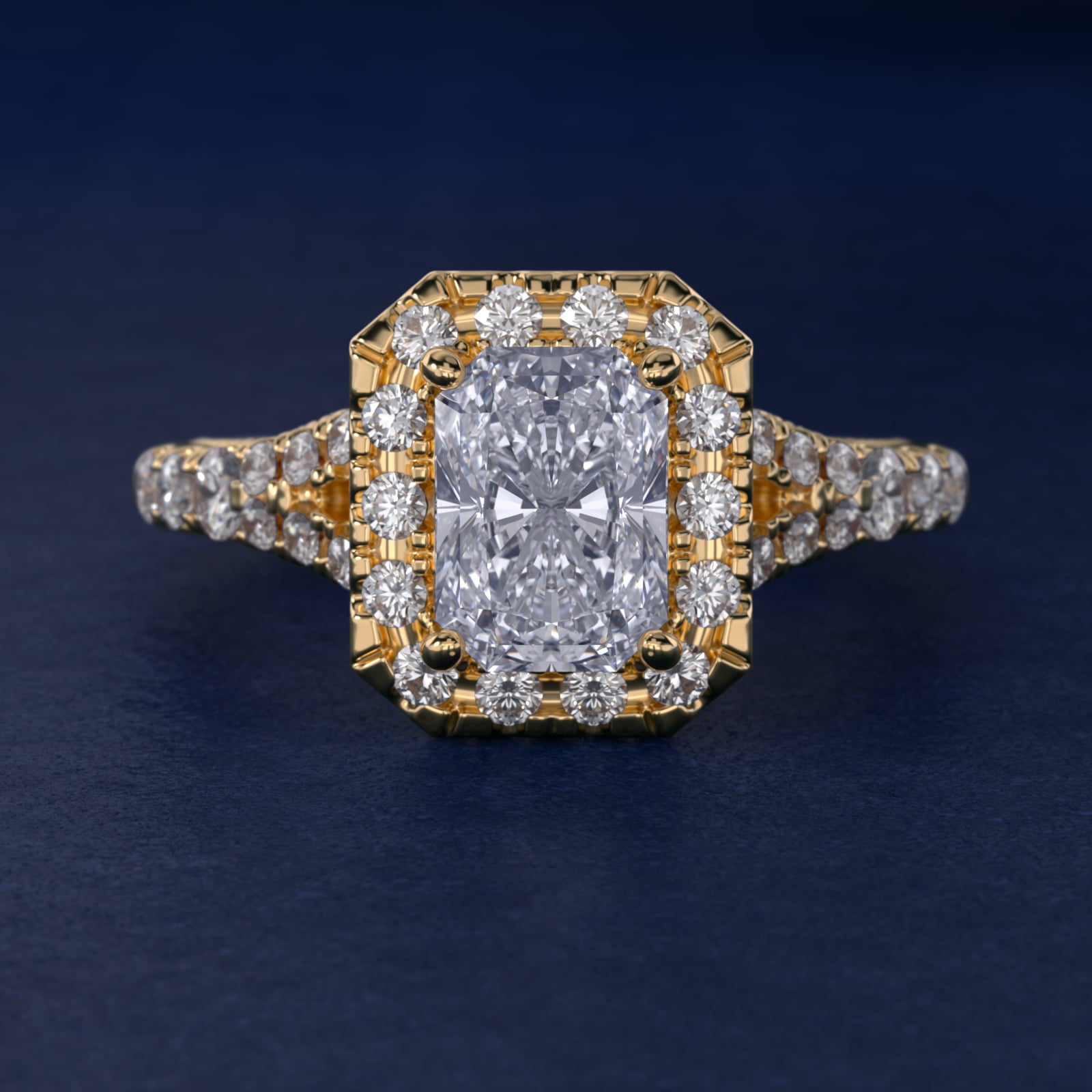 Lace Bridge Split Shank Halo Diamond Engagement Ring in 14k Yellow Gold (3/4 ct. tw.) - Radiant Center