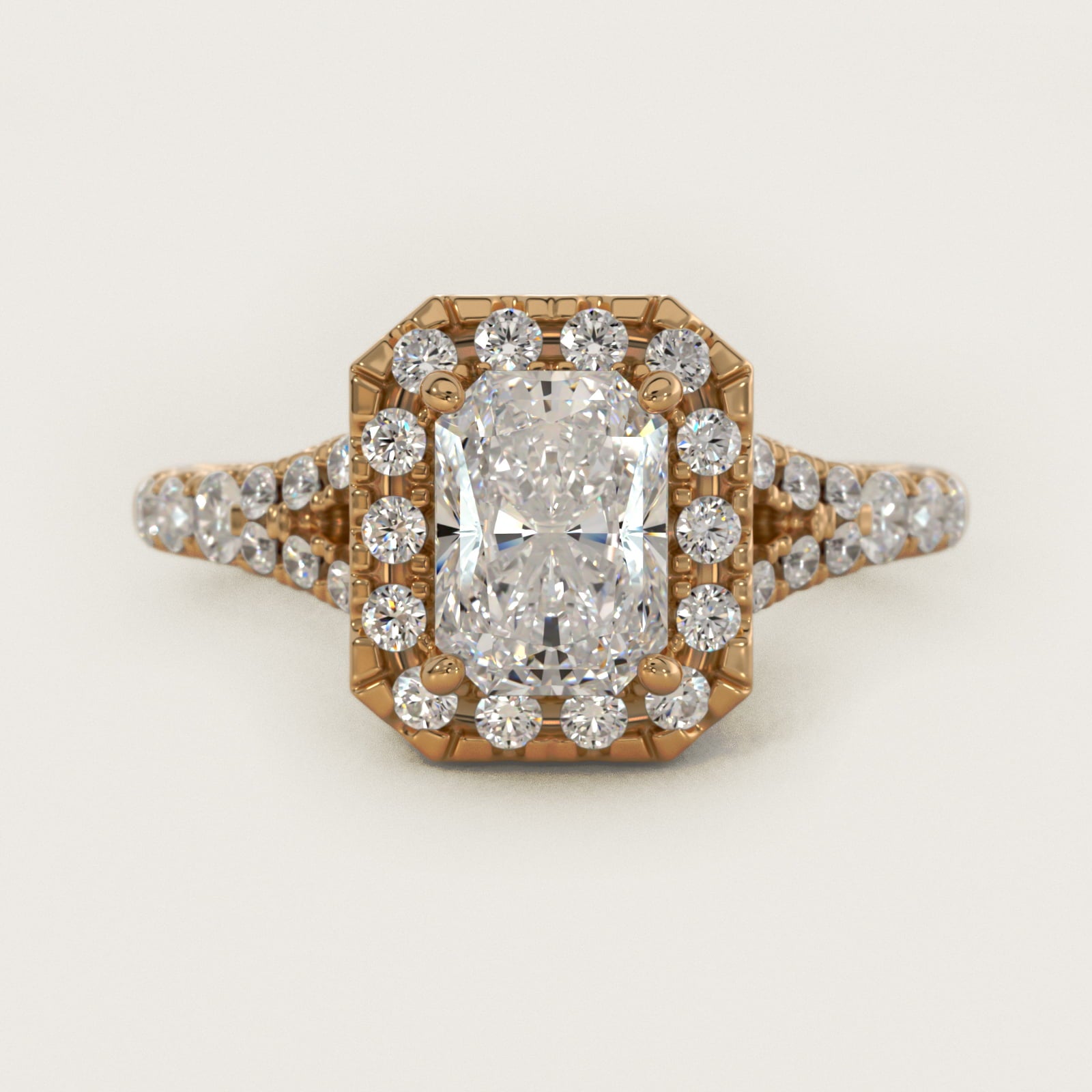 Lace Bridge Split Shank Halo Diamond Engagement Ring in 14k Yellow Gold (3/4 ct. tw.) - Radiant Center