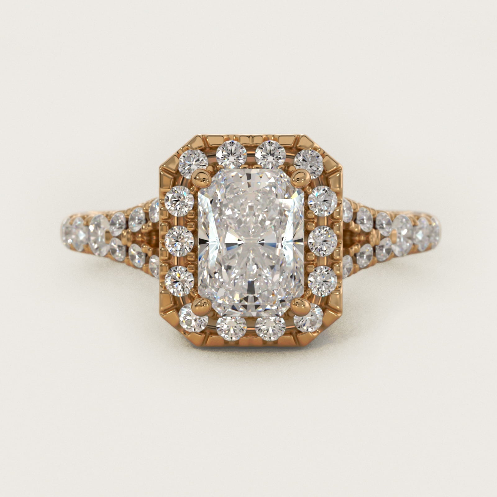 Lace Bridge Split Shank Halo Diamond Engagement Ring in 18k Yellow Gold (3/4 ct. tw.) - Radiant Center