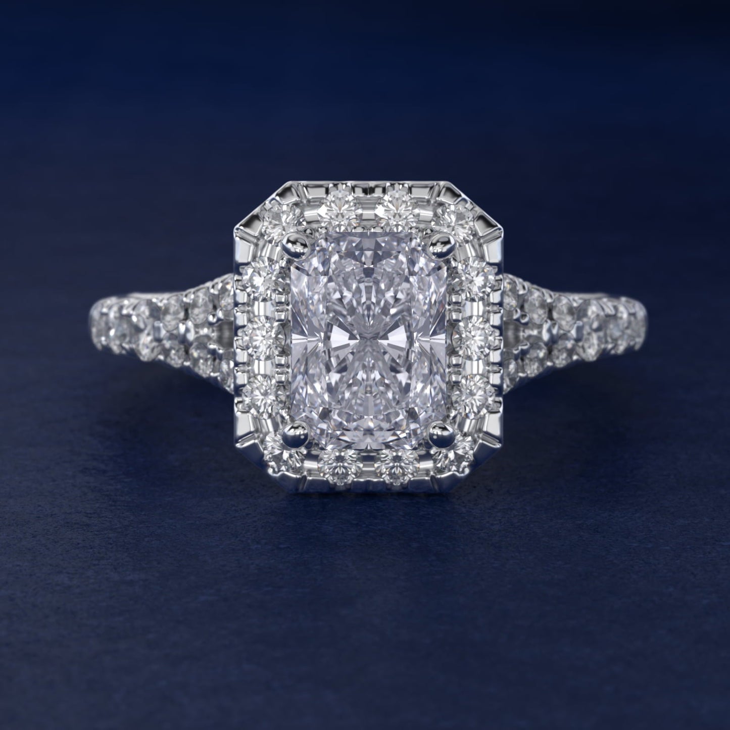 Lace Bridge Split Shank Halo Diamond Engagement Ring in Platinum (3/4 ct. tw.) - Radiant Center